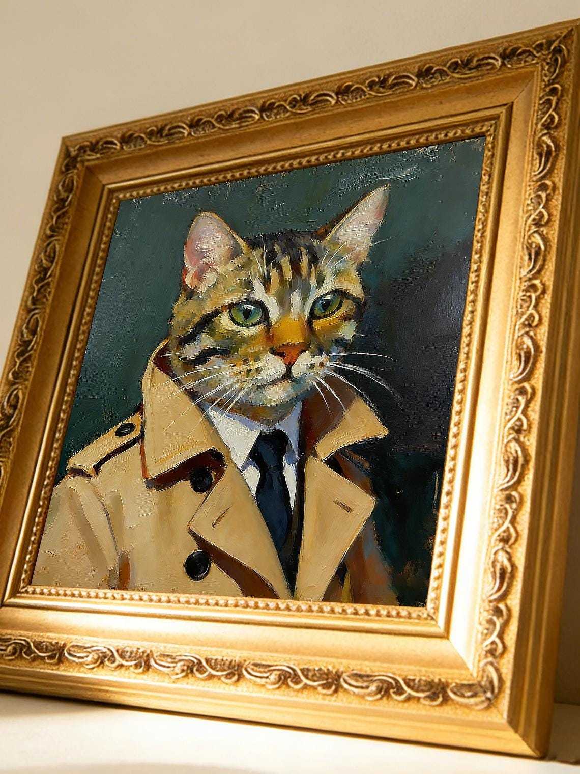 Original Hand Painted Cat in Suit Oil Painting, Gold Framed Art, Cool Cat Lover Gift, Nursery Wall Decor