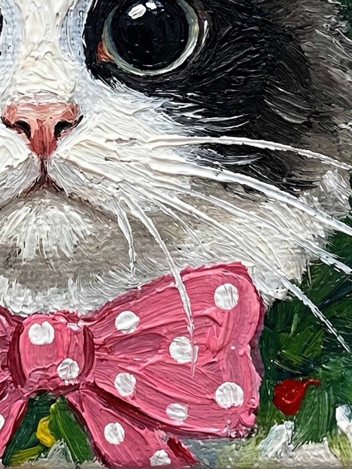 Hand-painted Framed Art, Original Oil Painting, 4x4 inch Canvas Artwork, Christmas Gift, Nursery Wall Art, Cute Kitten with Pink Bow