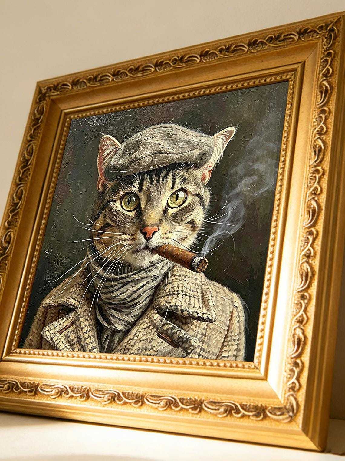 Vintage Gangster Tabby smoking Cat Oil Painting Print, Funny Cat Wall Art, Cat Lover Gift