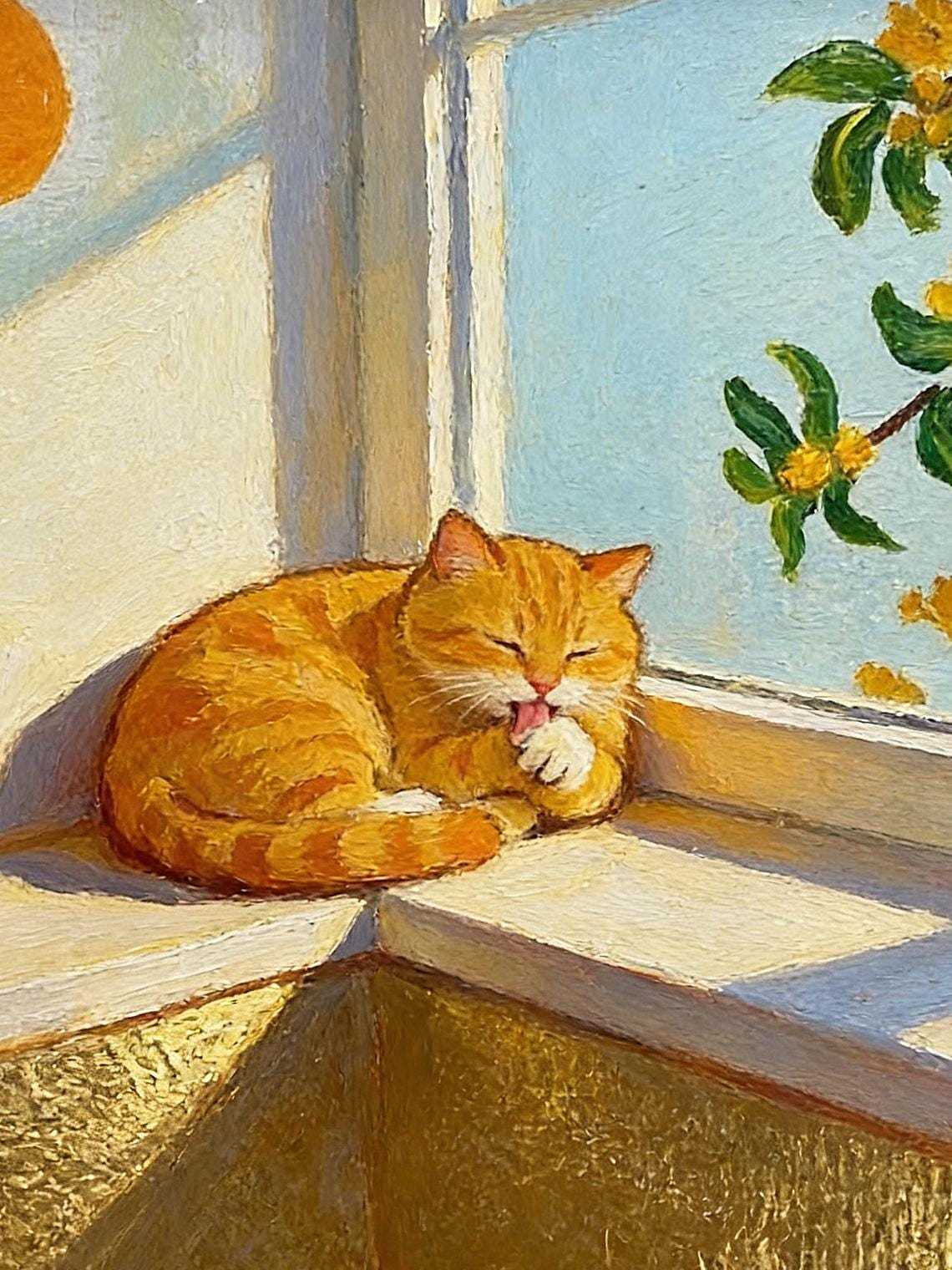 Original Hand Painted Orange Cat Oil Painting, Gold Foil Framed Art, Window Cat Lover Gift, Cozy Wall Decor