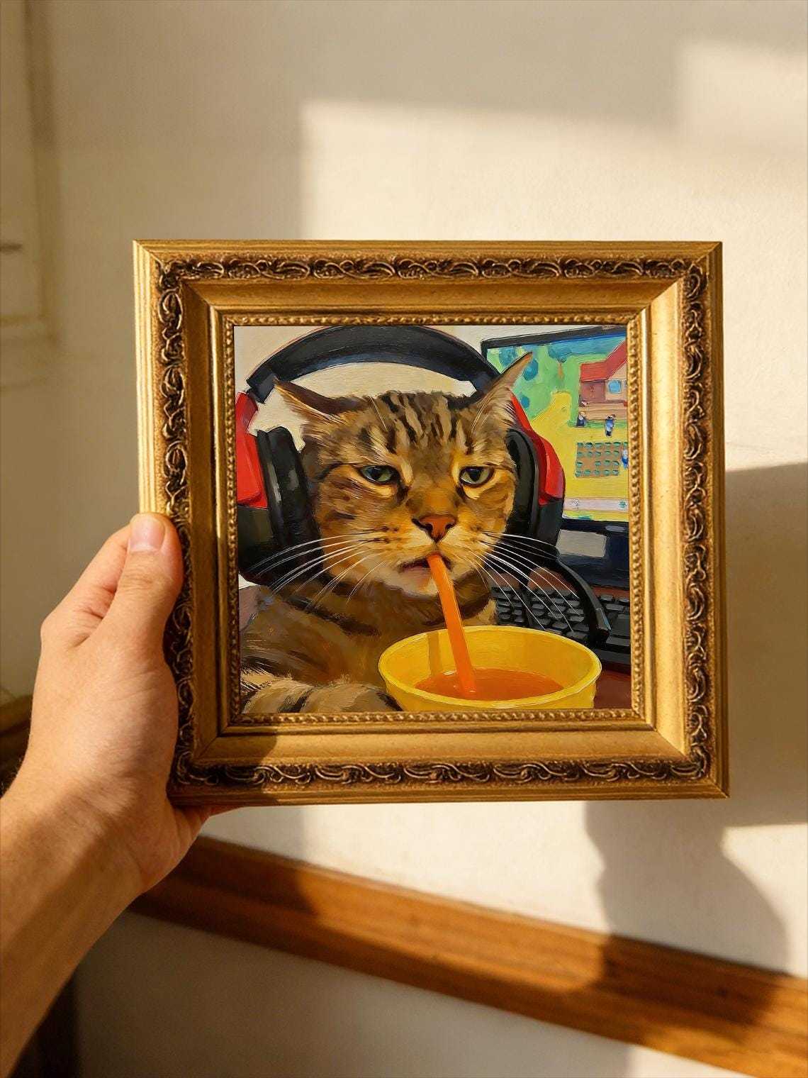 Hand-painted Oil Painting, Cool Cat Art, Framed Wall Decor, Tabby Cat with Headphones Drinking Soda