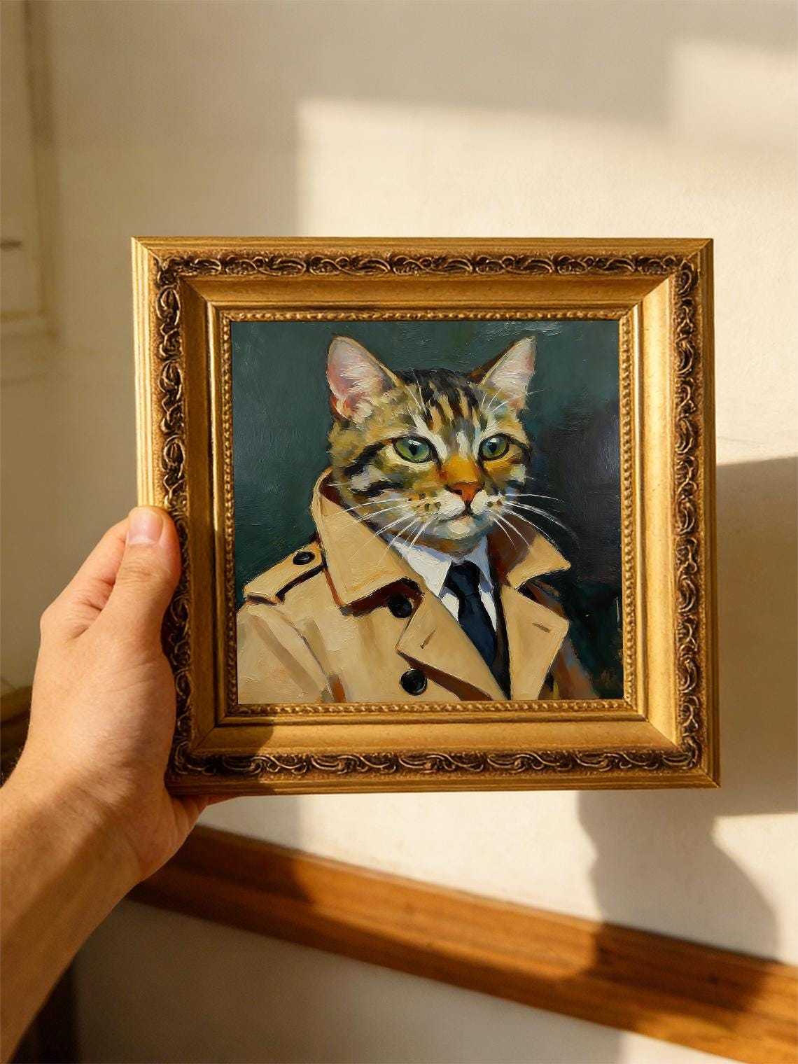 Original Hand Painted Cat in Suit Oil Painting, Gold Framed Art, Cool Cat Lover Gift, Nursery Wall Decor