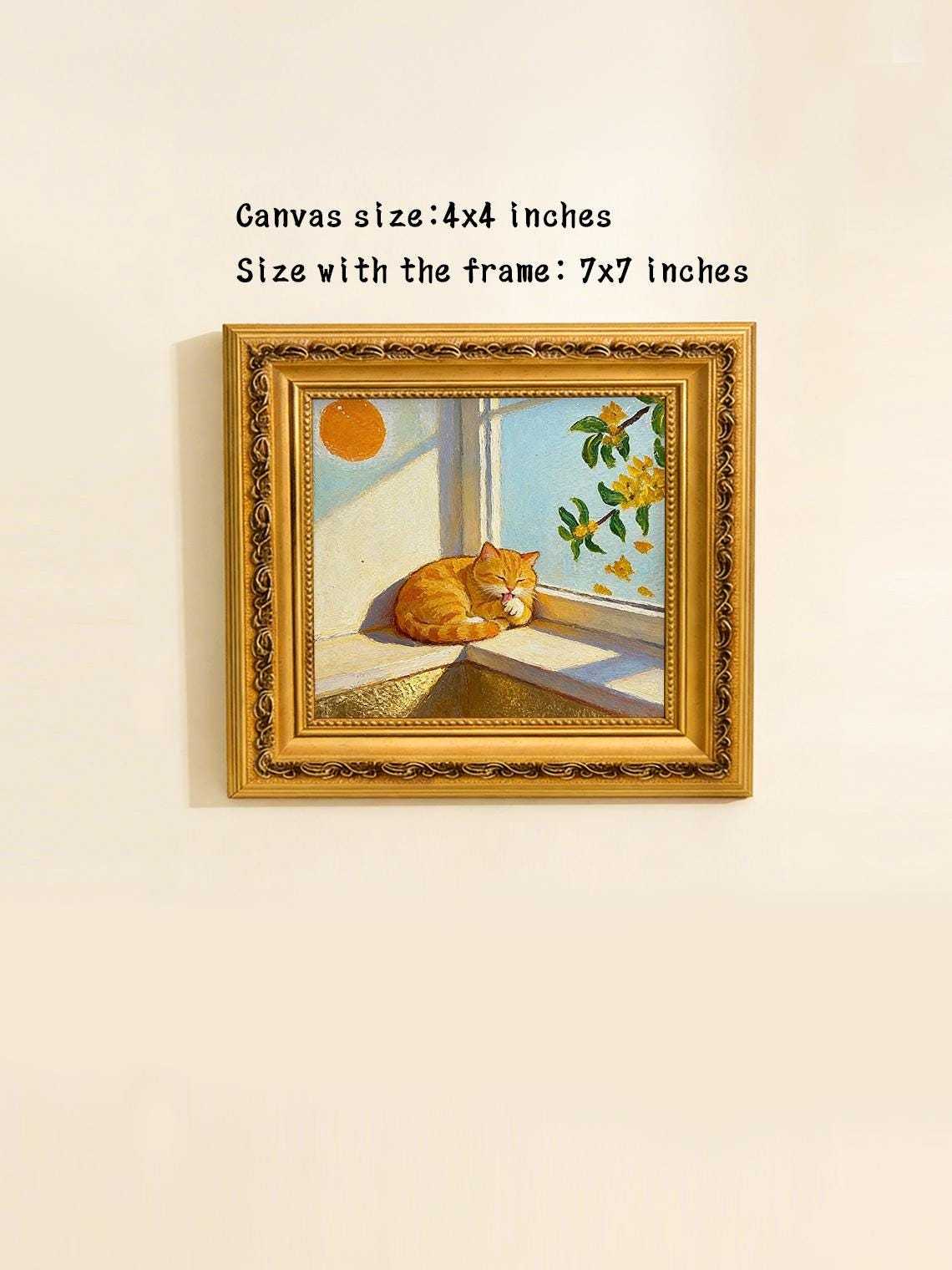 Original Hand Painted Orange Cat Oil Painting, Gold Foil Framed Art, Window Cat Lover Gift, Cozy Wall Decor