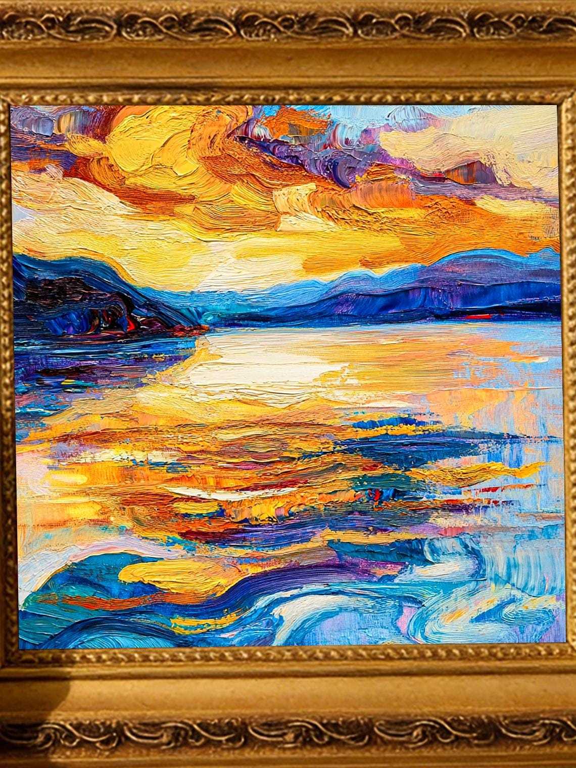 Hand-painted Oil Painting, Impasto Landscape Art, Framed Wall Decor, Vibrant Sunset Lake Mountain Scene