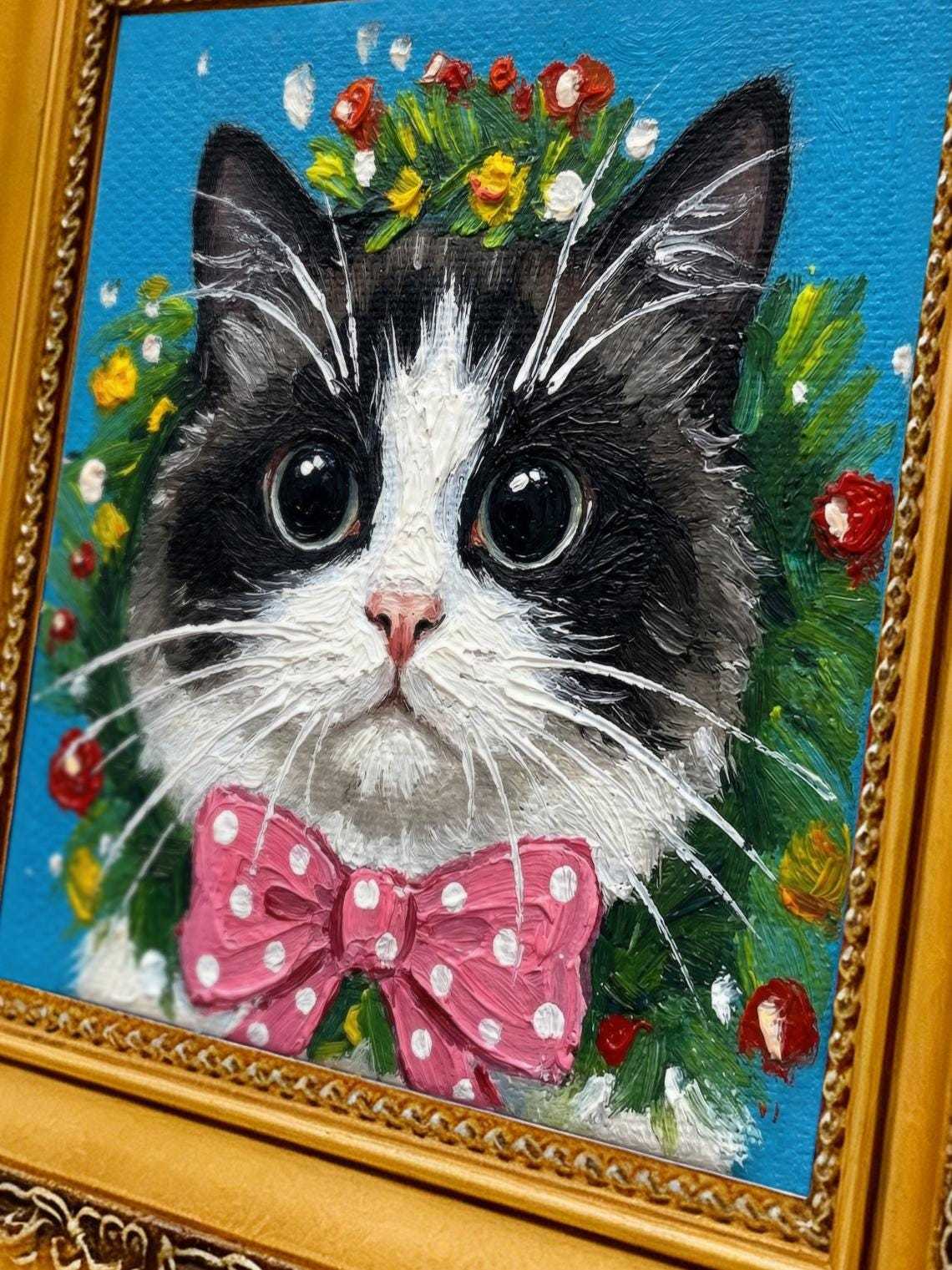 Hand-painted Framed Art, Original Oil Painting, 4x4 inch Canvas Artwork, Christmas Gift, Nursery Wall Art, Cute Kitten with Pink Bow