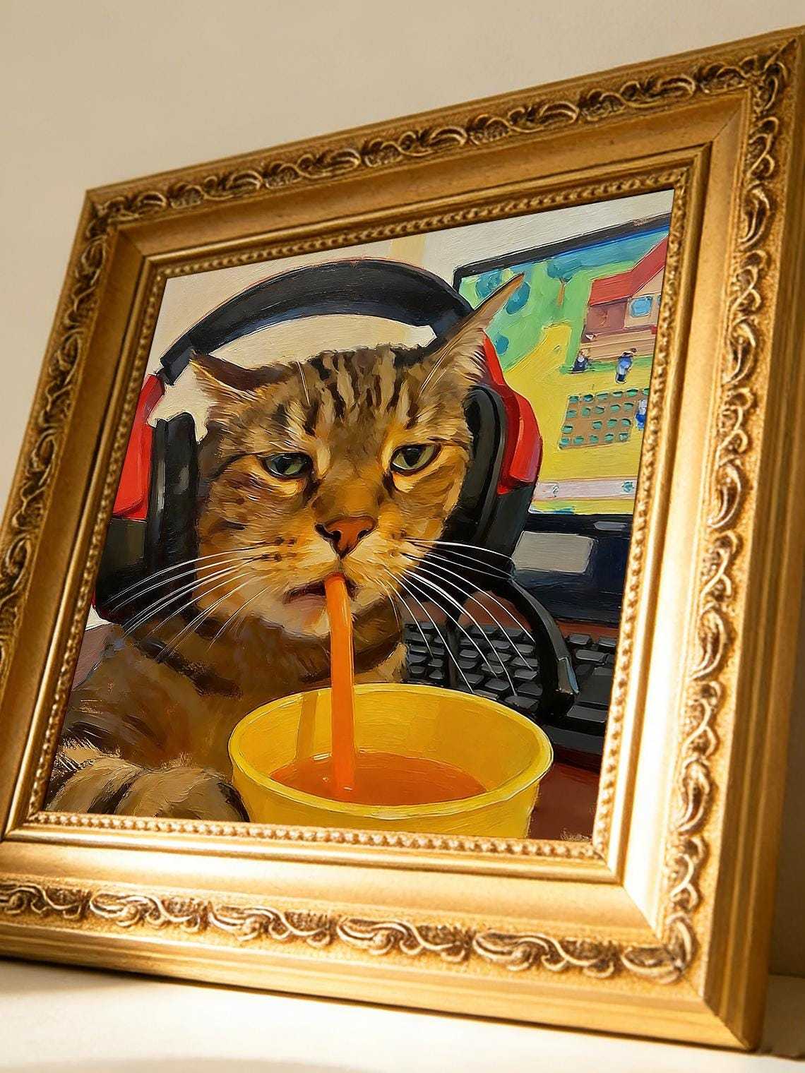 Hand-painted Oil Painting, Cool Cat Art, Framed Wall Decor, Tabby Cat with Headphones Drinking Soda