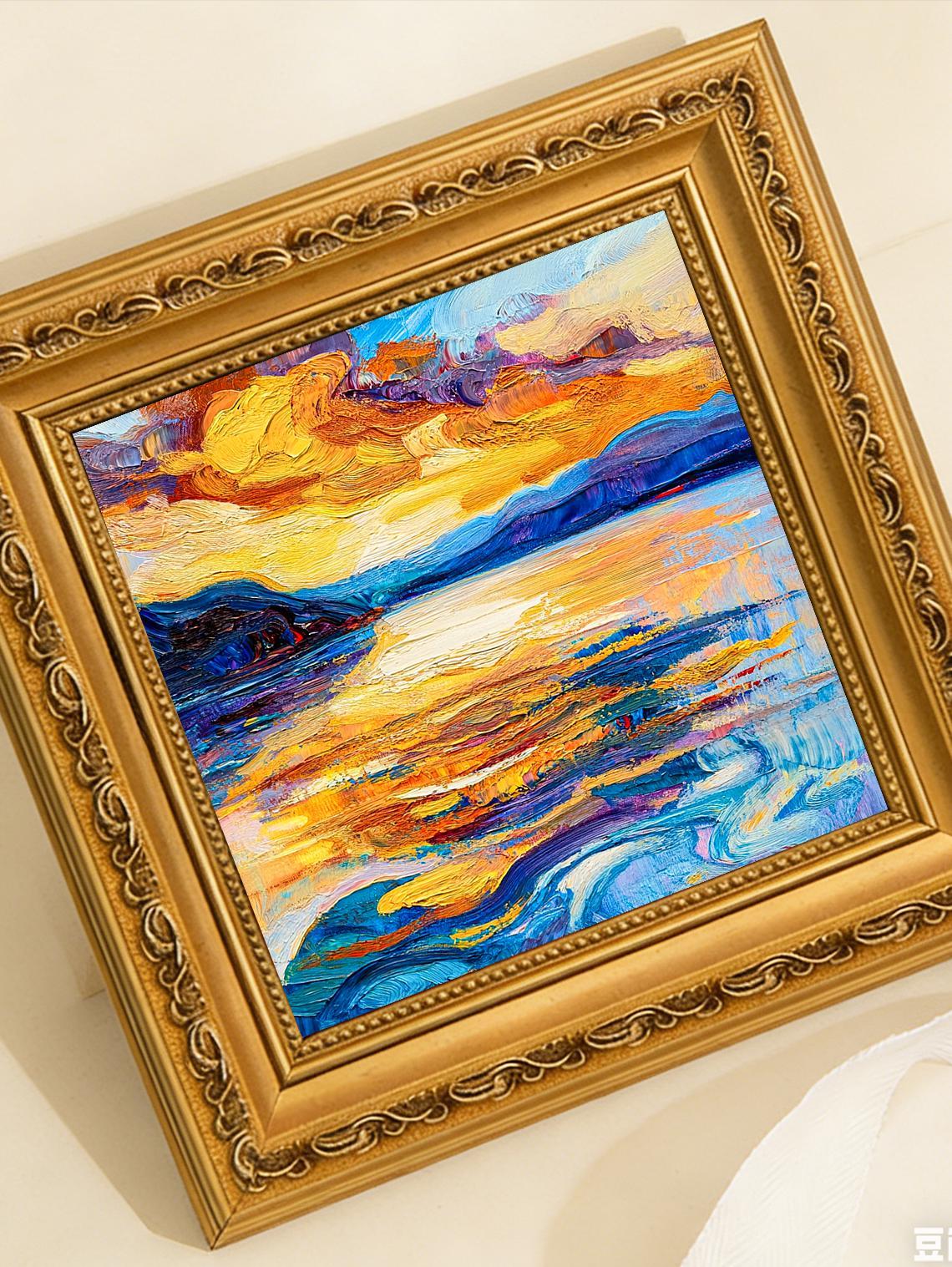 Hand-painted Oil Painting, Impasto Landscape Art, Framed Wall Decor, Vibrant Sunset Lake Mountain Scene