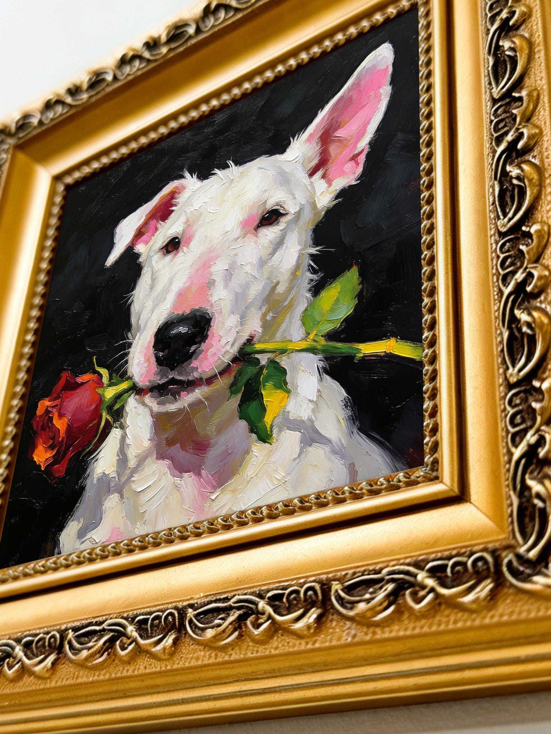 Original Hand-Painted Oil Painting, Bull Terrier with Red Rose, Framed Wall Art