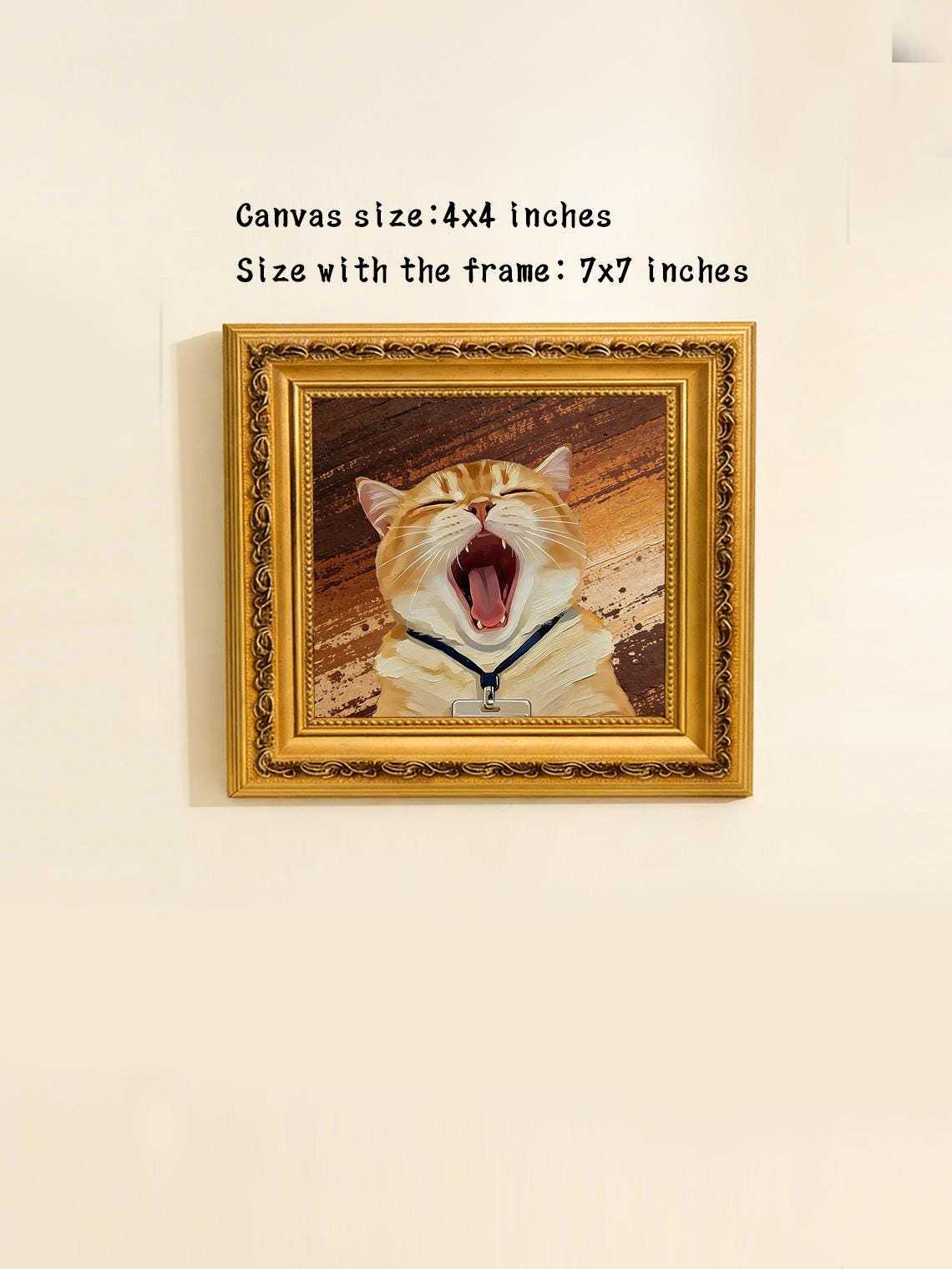 Hand-painted Oil Painting, Cute Cat Art, Framed Wall Decor, Yawning Orange Tabby Cat with ID Badge