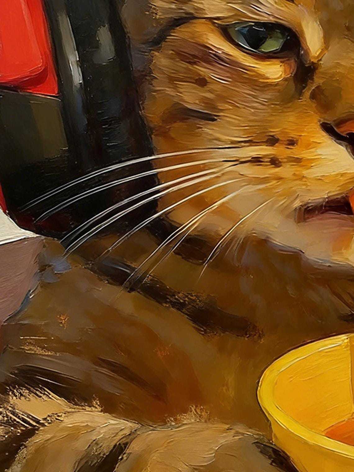 Hand-painted Oil Painting, Cool Cat Art, Framed Wall Decor, Tabby Cat with Headphones Drinking Soda