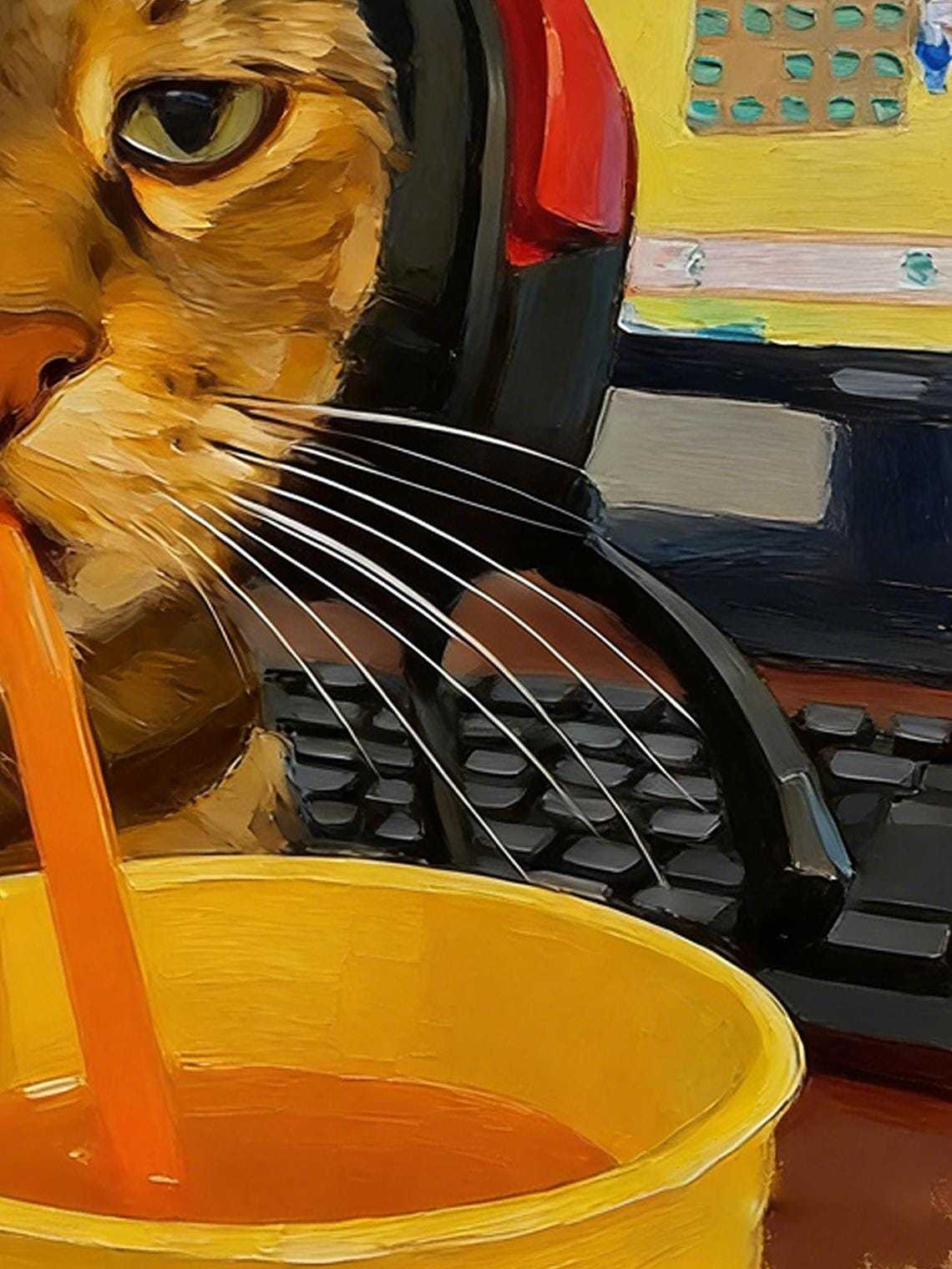 Hand-painted Oil Painting, Cool Cat Art, Framed Wall Decor, Tabby Cat with Headphones Drinking Soda