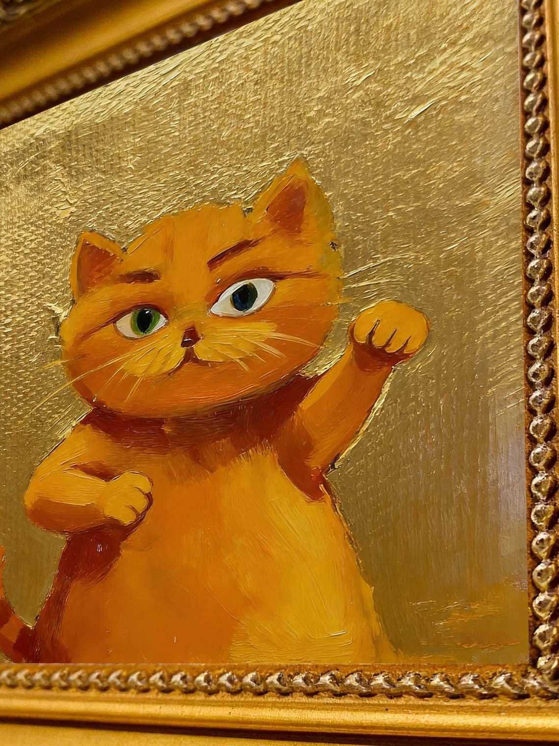Cute Gallery Wall Art for Cat Lovers,Framed Ginger Cat Oil Painting, Small Gold Leaf Cat Portrait