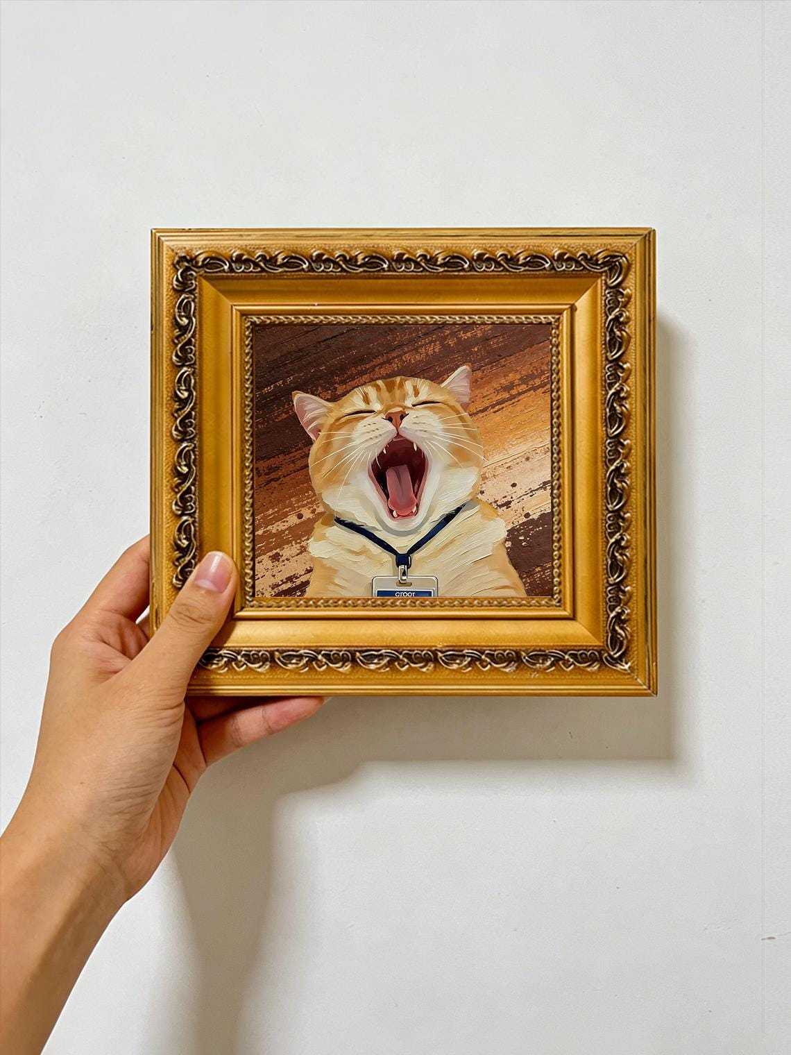 Hand-painted Oil Painting, Cute Cat Art, Framed Wall Decor, Yawning Orange Tabby Cat with ID Badge