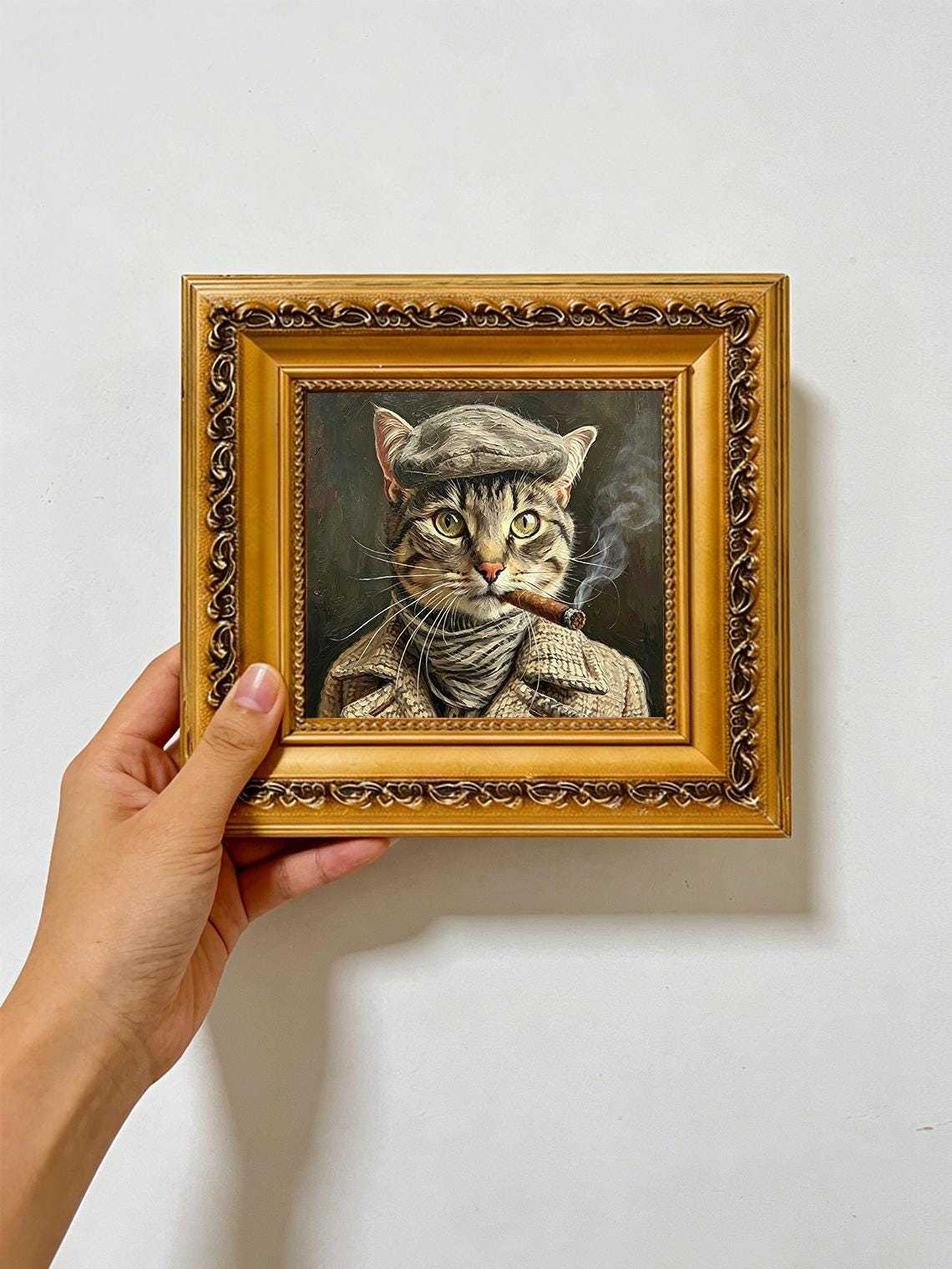 Vintage Gangster Tabby smoking Cat Oil Painting Print, Funny Cat Wall Art, Cat Lover Gift
