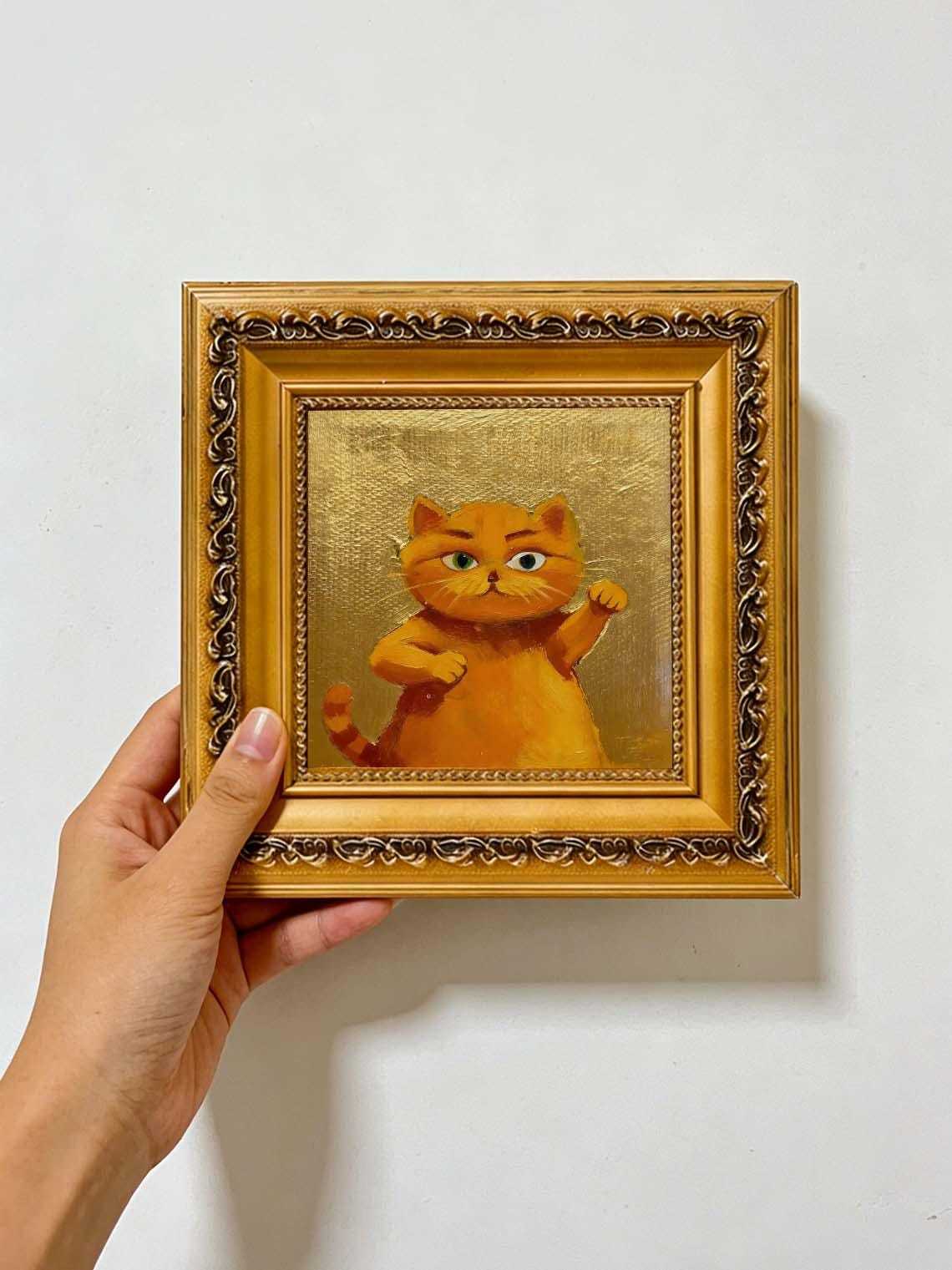 Cute Gallery Wall Art for Cat Lovers,Framed Ginger Cat Oil Painting, Small Gold Leaf Cat Portrait