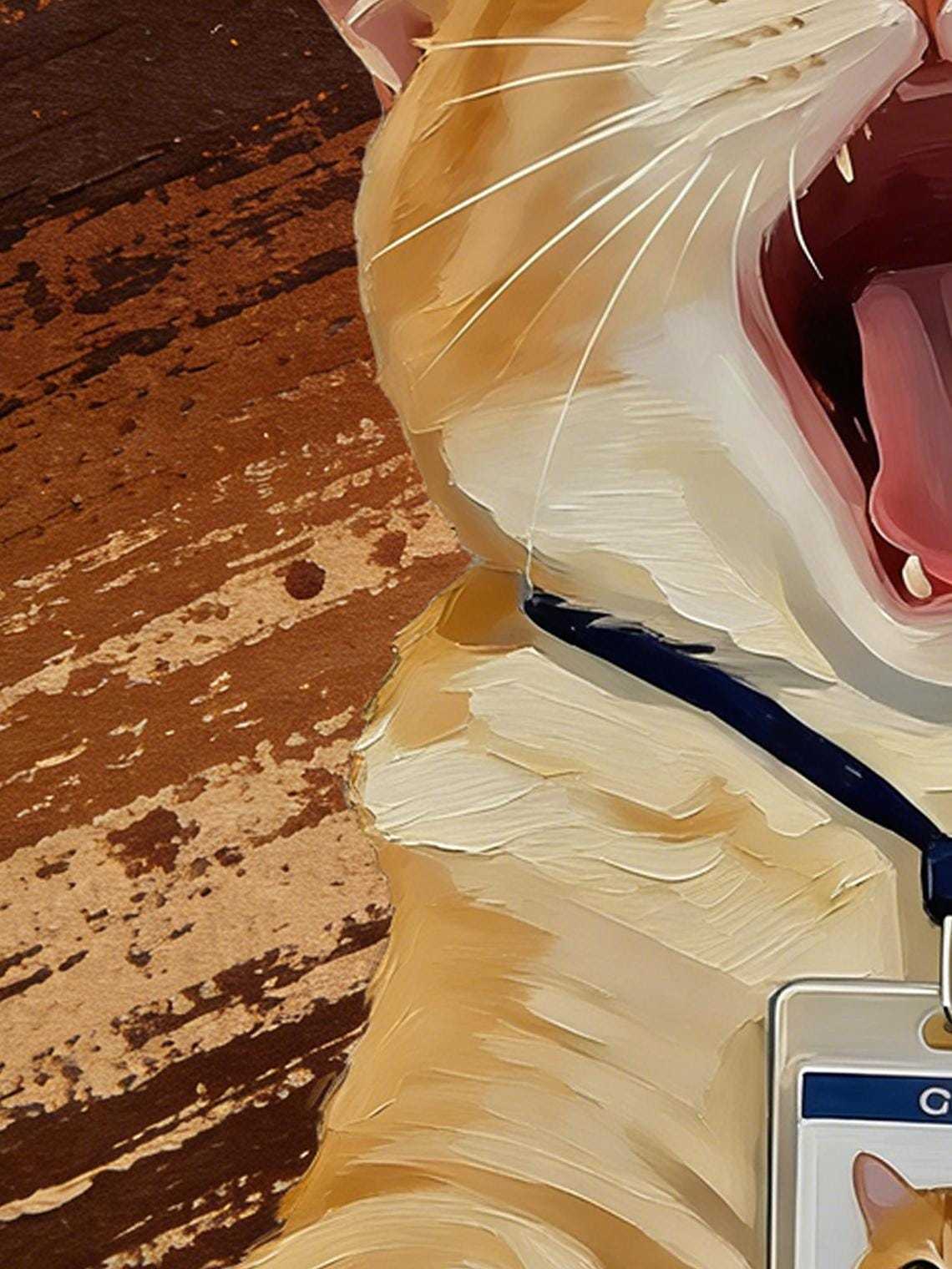 Hand-painted Oil Painting, Cute Cat Art, Framed Wall Decor, Yawning Orange Tabby Cat with ID Badge
