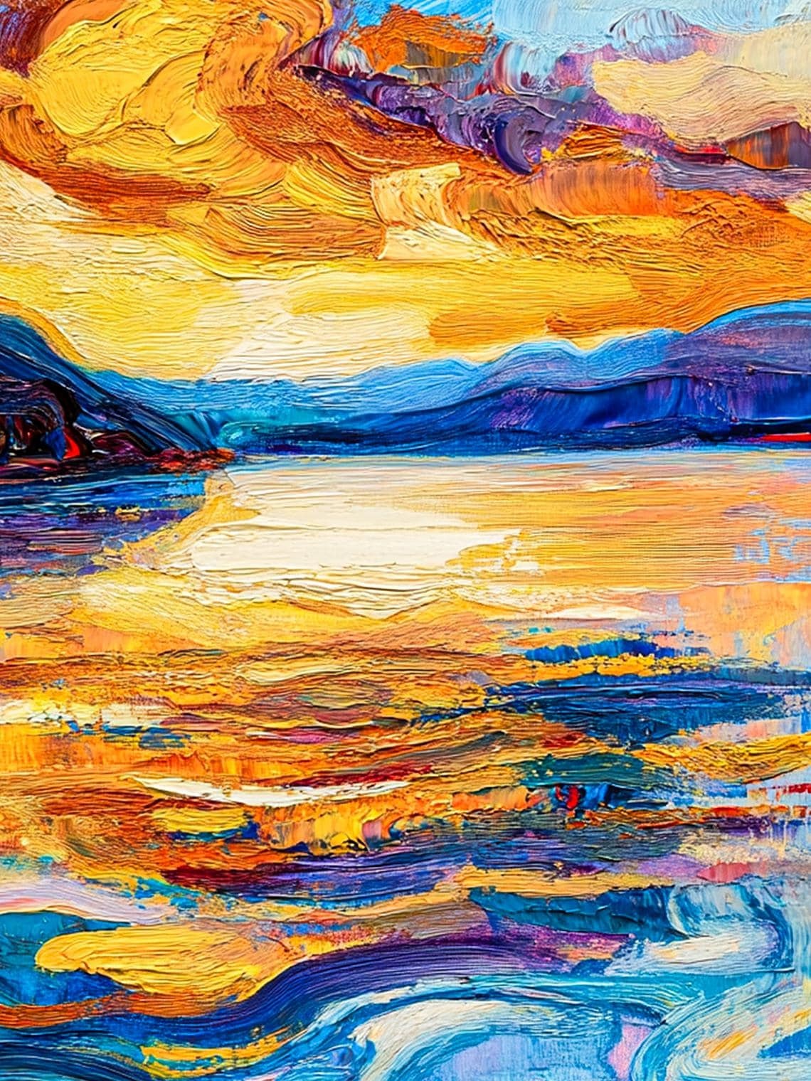 Hand-painted Oil Painting, Impasto Landscape Art, Framed Wall Decor, Vibrant Sunset Lake Mountain Scene