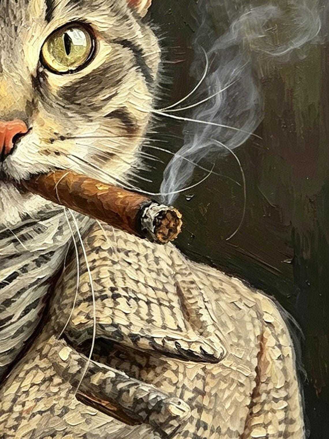 Vintage Gangster Tabby smoking Cat Oil Painting Print, Funny Cat Wall Art, Cat Lover Gift