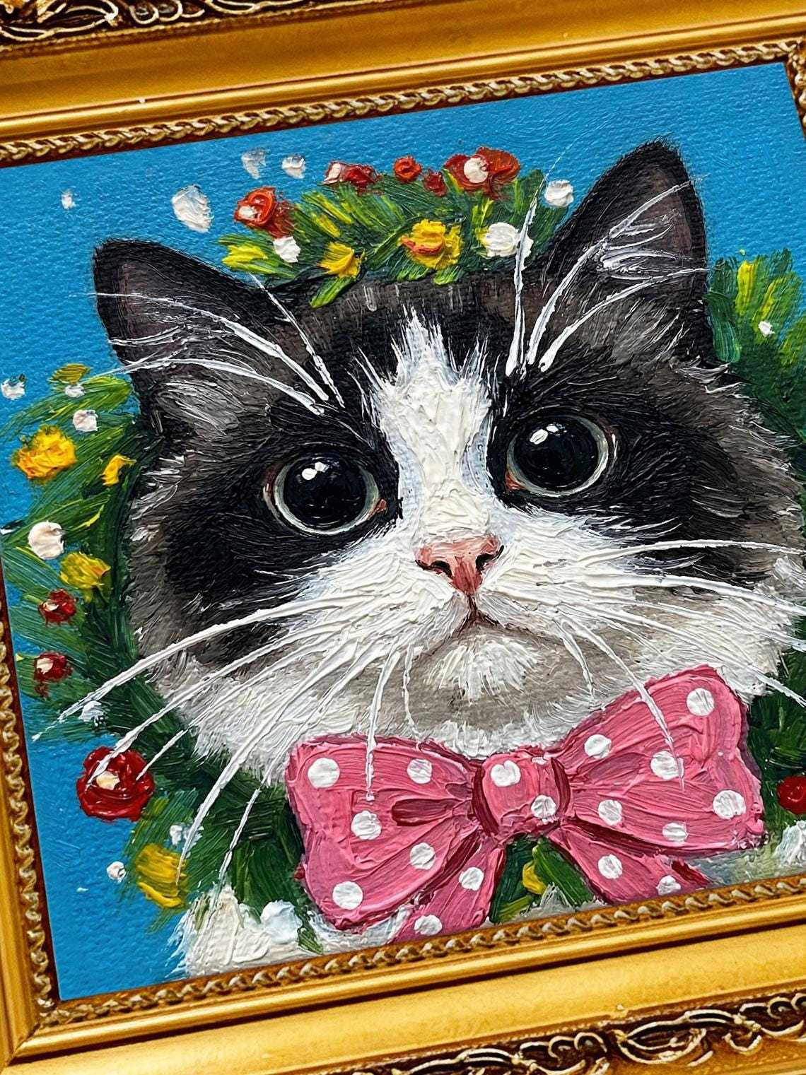 Hand-painted Framed Art, Original Oil Painting, 4x4 inch Canvas Artwork, Christmas Gift, Nursery Wall Art, Cute Kitten with Pink Bow