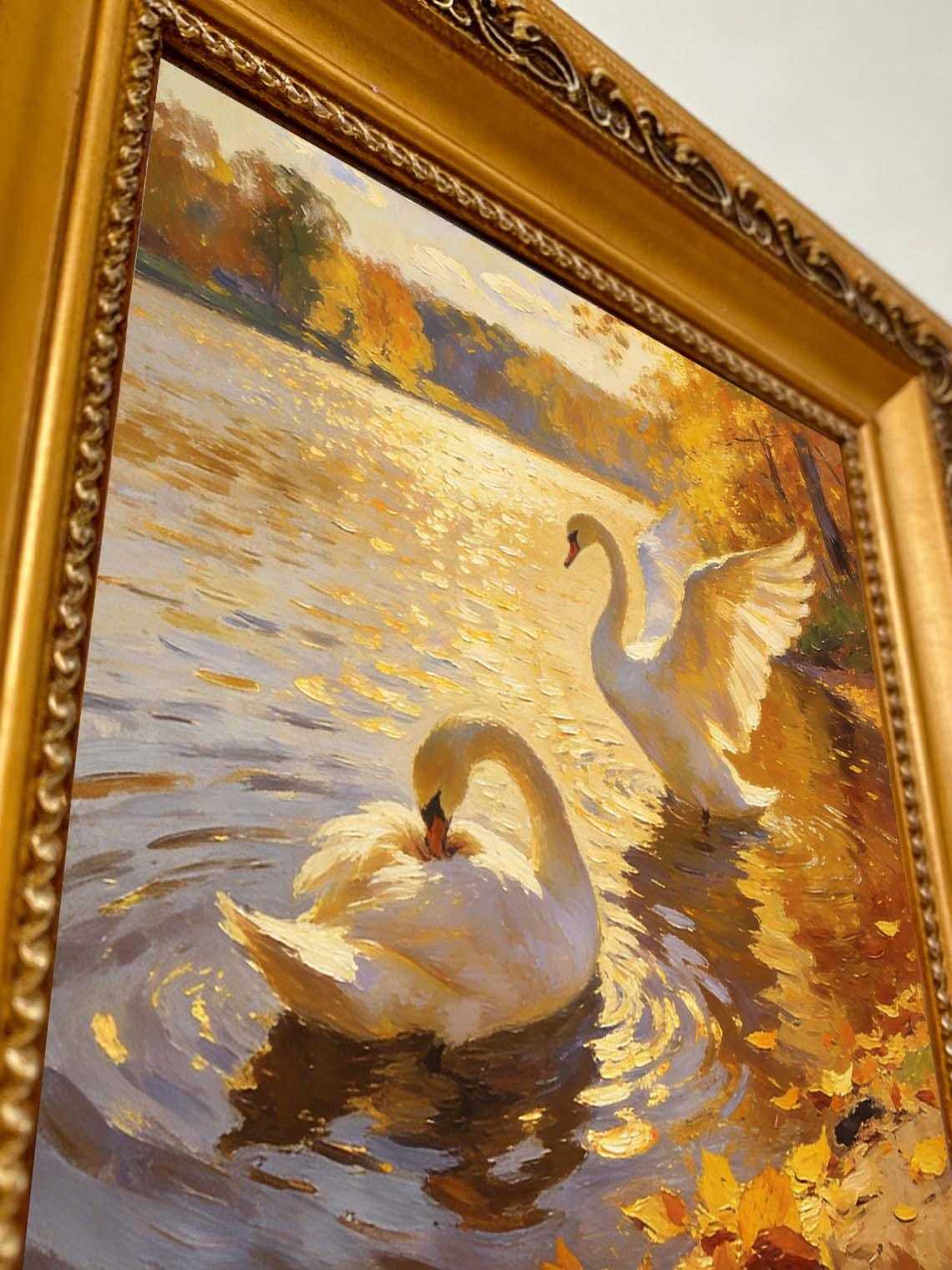 Framed Swan Oil Painting, Autumn Lake Impressionist Wall Art