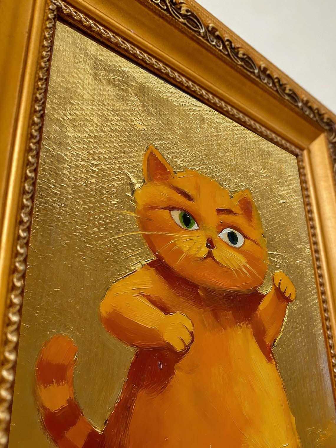Cute Gallery Wall Art for Cat Lovers,Framed Ginger Cat Oil Painting, Small Gold Leaf Cat Portrait