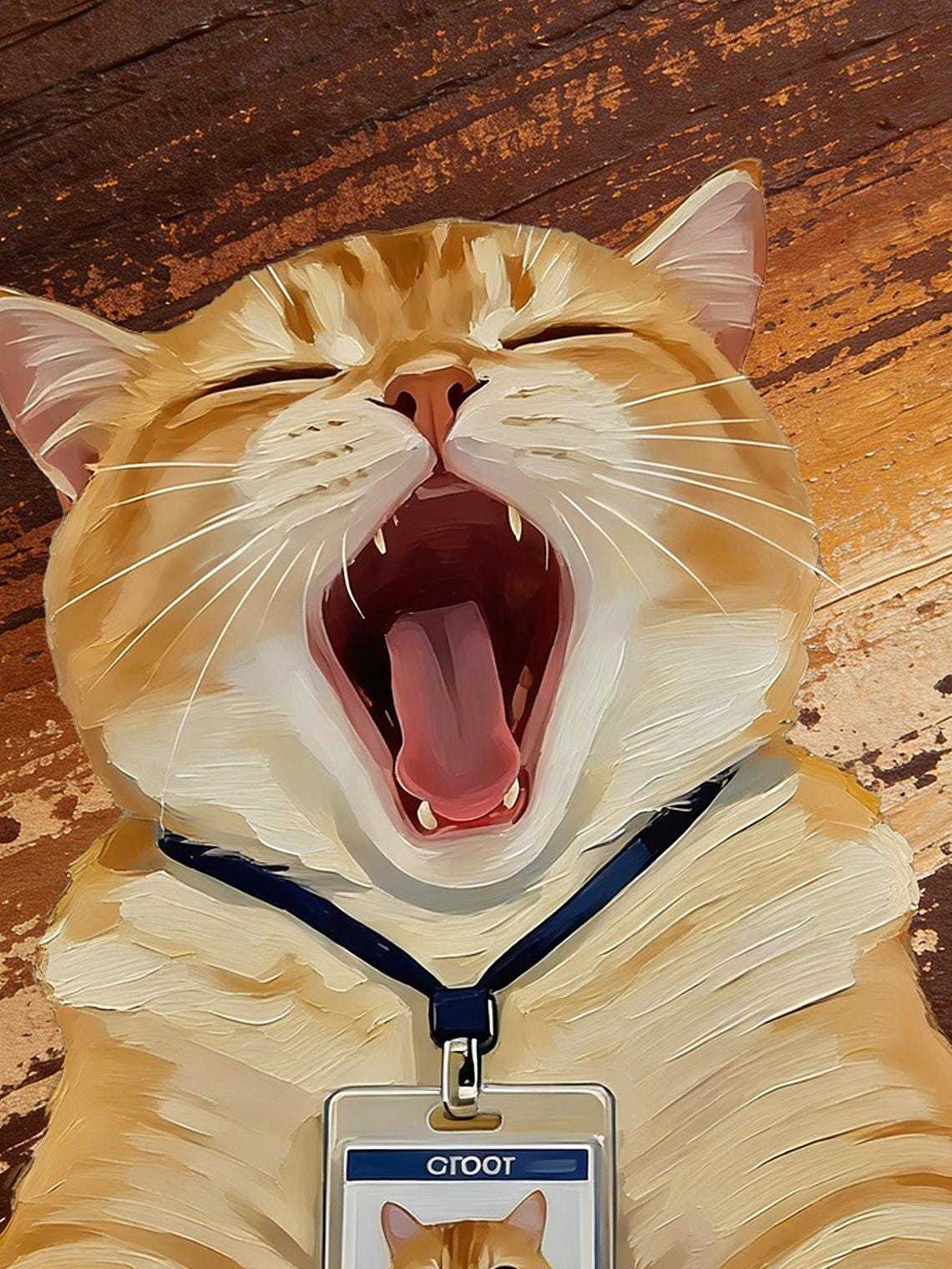 Hand-painted Oil Painting, Cute Cat Art, Framed Wall Decor, Yawning Orange Tabby Cat with ID Badge