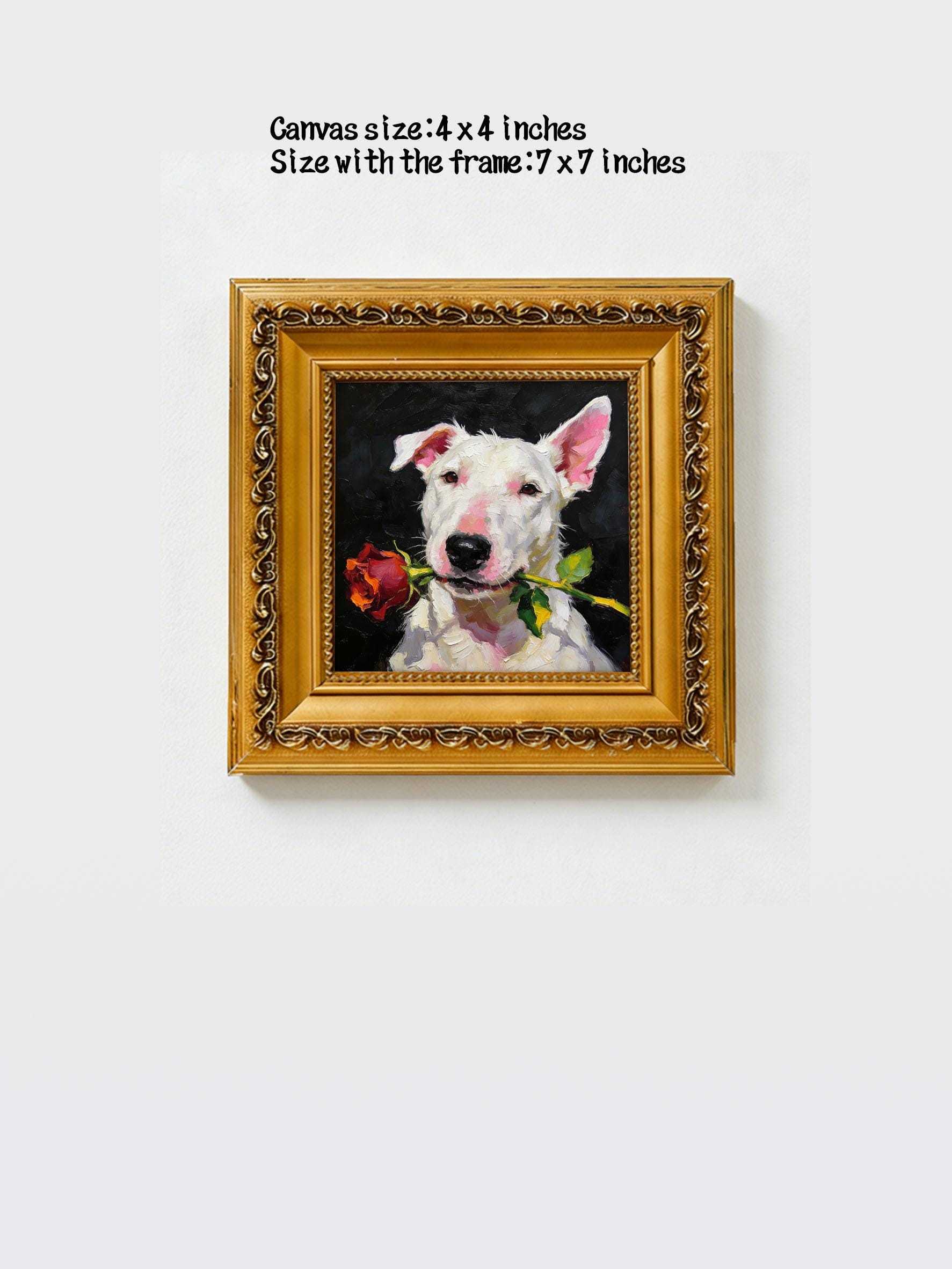 Original Hand-Painted Oil Painting, Bull Terrier with Red Rose, Framed Wall Art