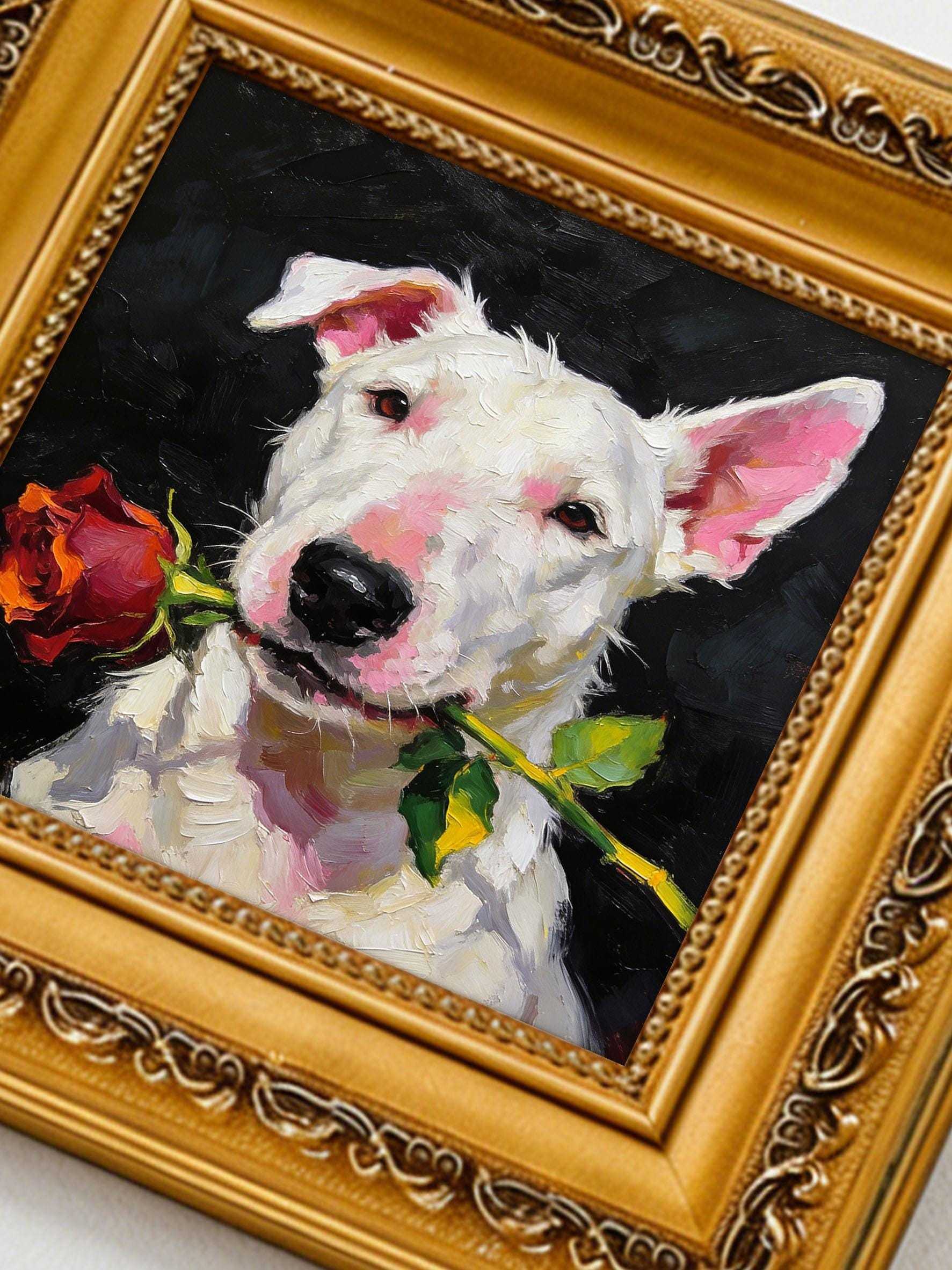Original Hand-Painted Oil Painting, Bull Terrier with Red Rose, Framed Wall Art