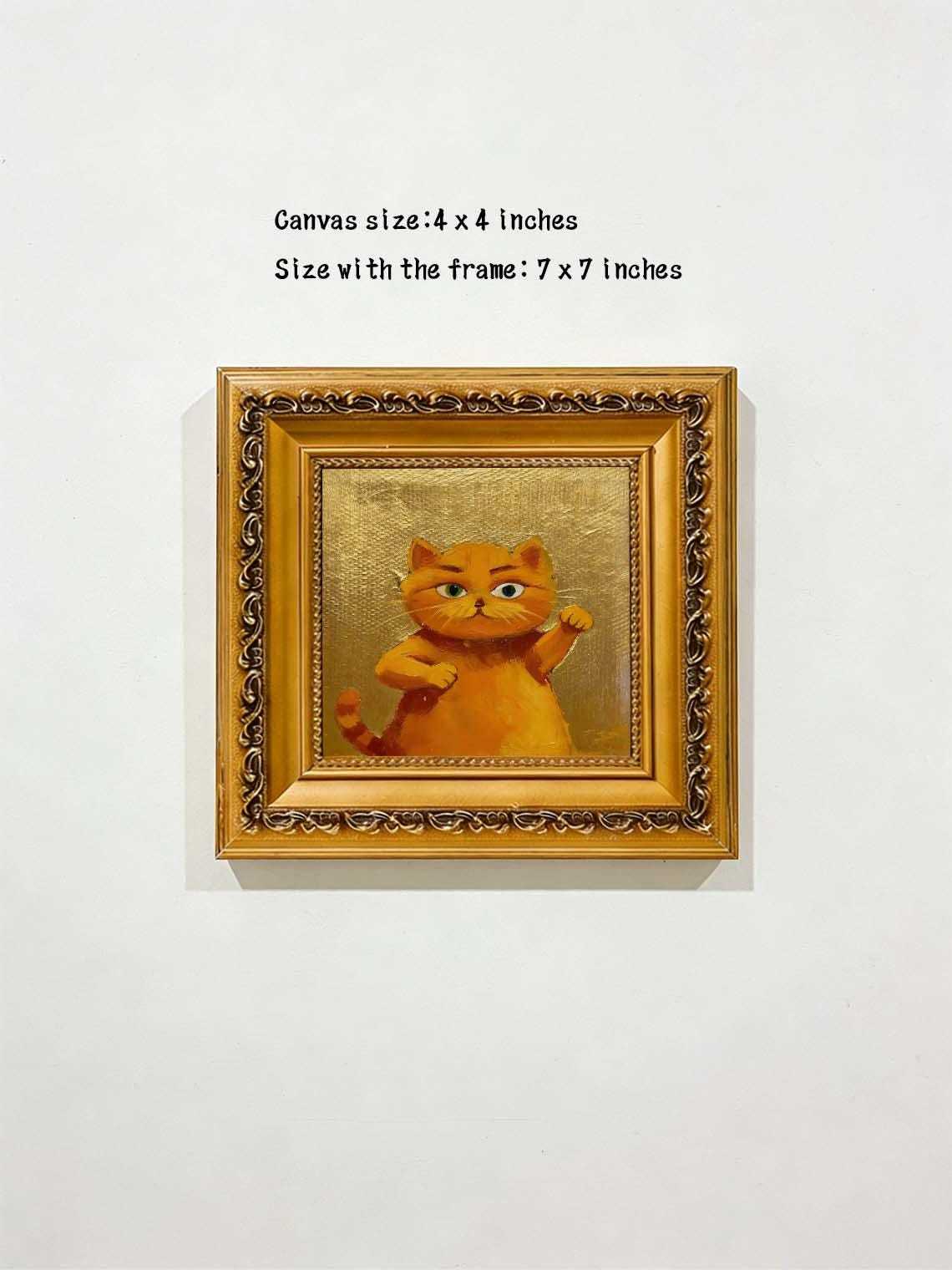 Cute Gallery Wall Art for Cat Lovers,Framed Ginger Cat Oil Painting, Small Gold Leaf Cat Portrait