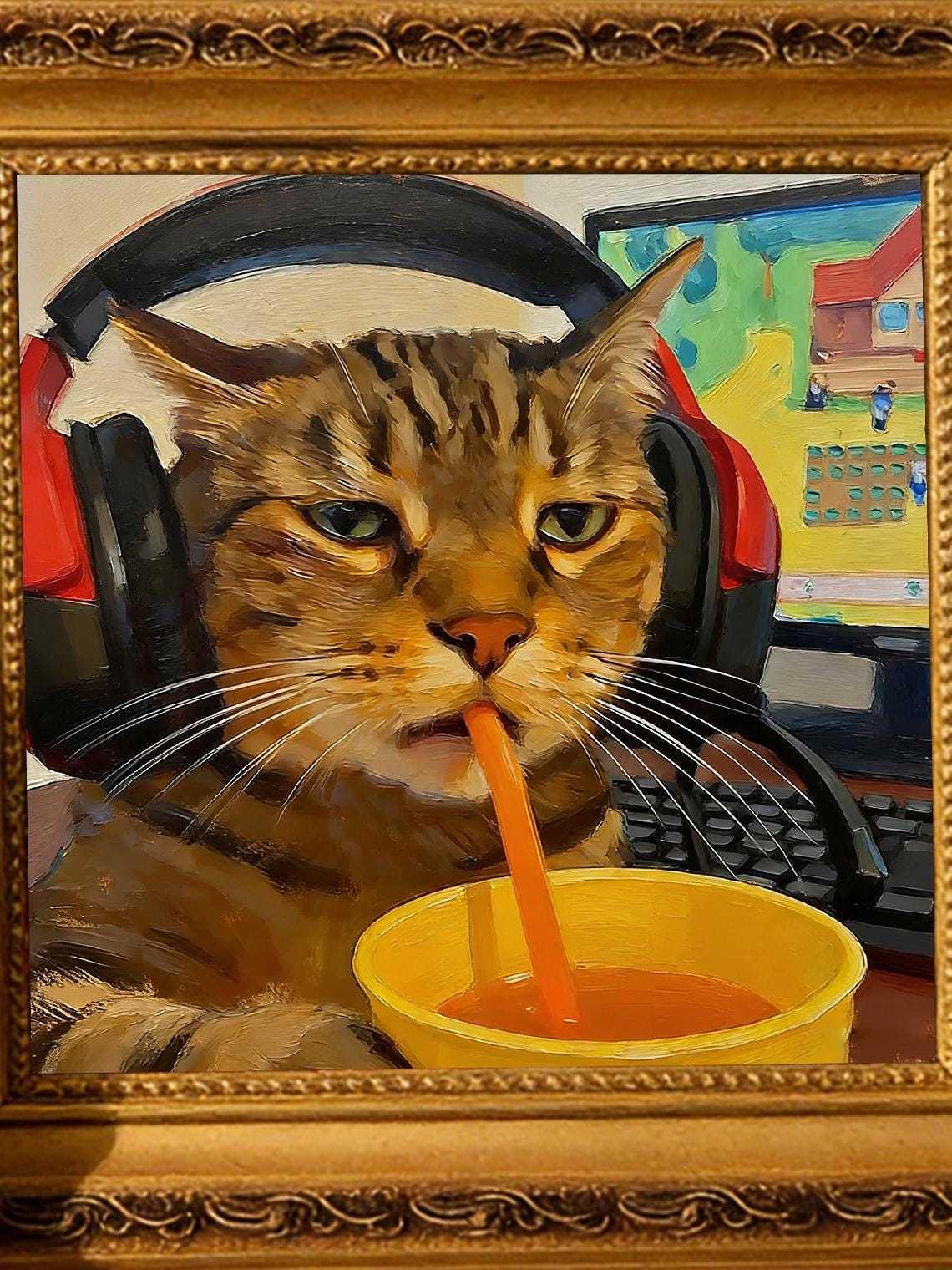 Hand-painted Oil Painting, Cool Cat Art, Framed Wall Decor, Tabby Cat with Headphones Drinking Soda