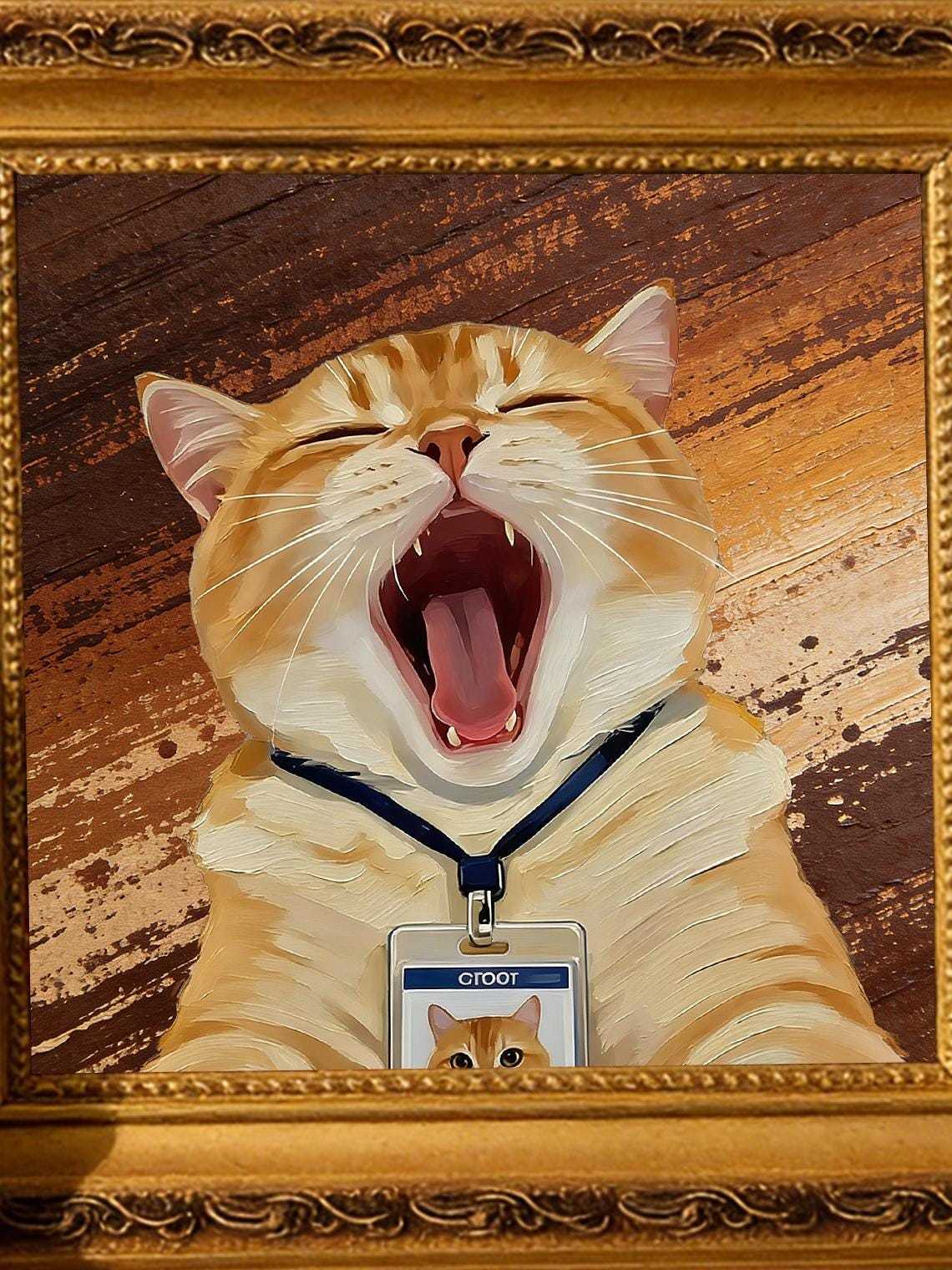 Hand-painted Oil Painting, Cute Cat Art, Framed Wall Decor, Yawning Orange Tabby Cat with ID Badge