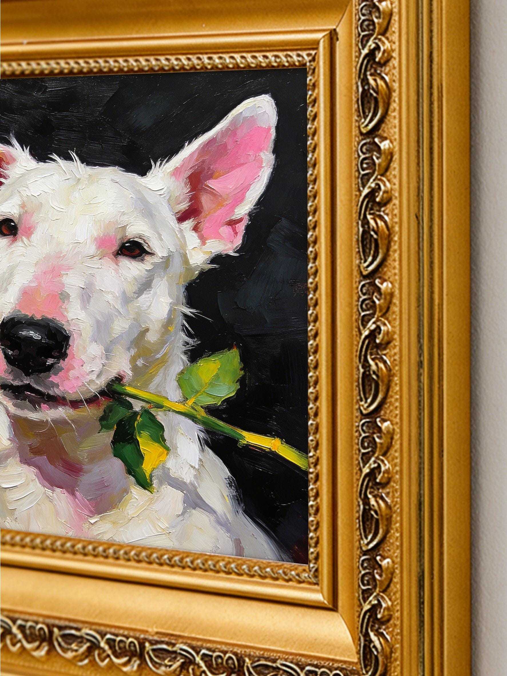 Original Hand-Painted Oil Painting, Bull Terrier with Red Rose, Framed Wall Art