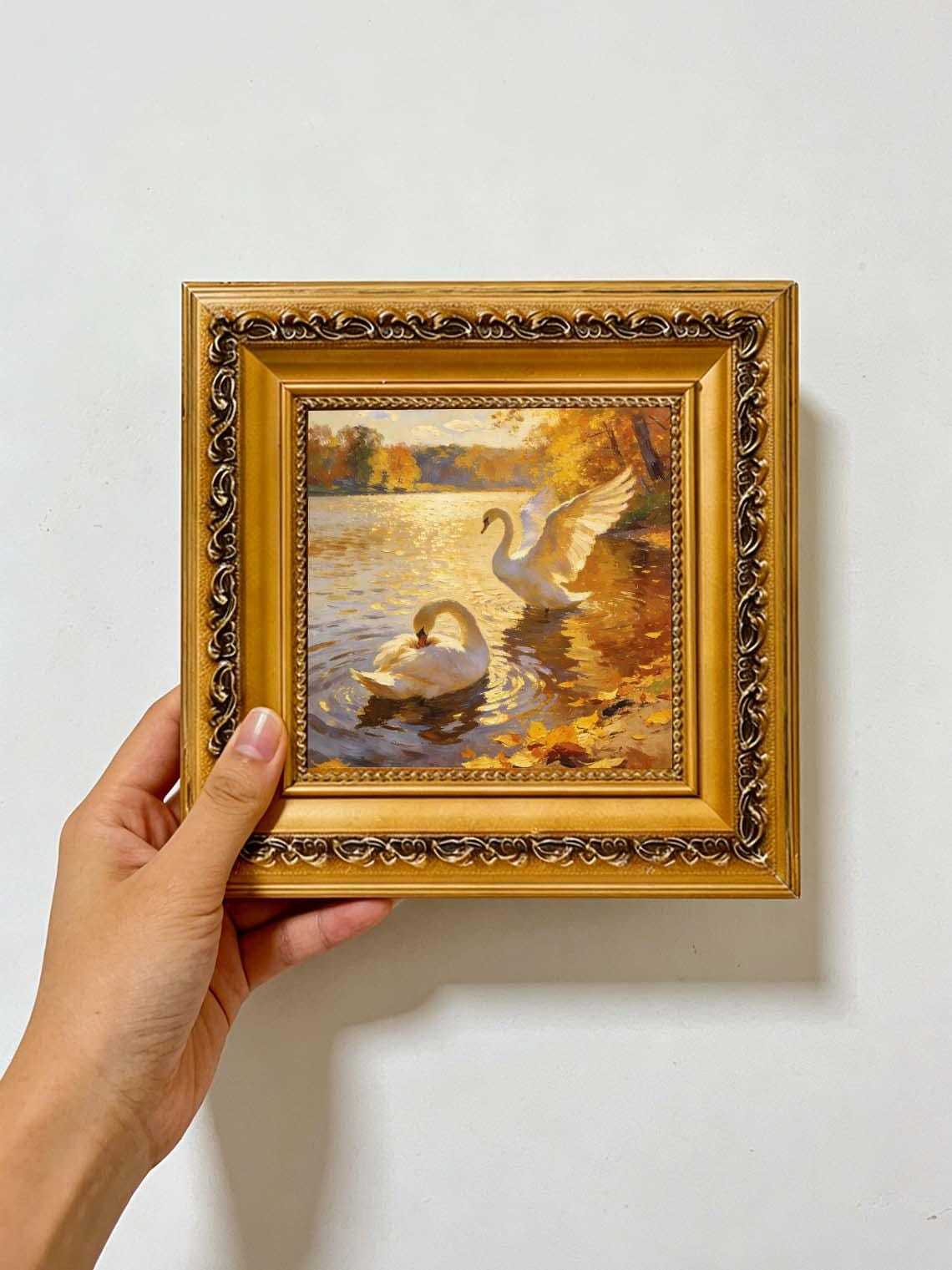 Framed Swan Oil Painting, Autumn Lake Impressionist Wall Art