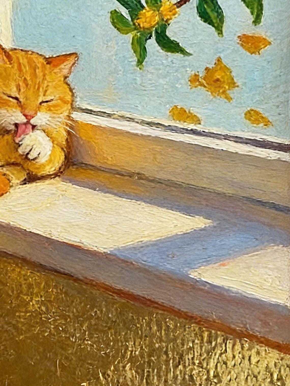 Original Hand Painted Orange Cat Oil Painting, Gold Foil Framed Art, Window Cat Lover Gift, Cozy Wall Decor