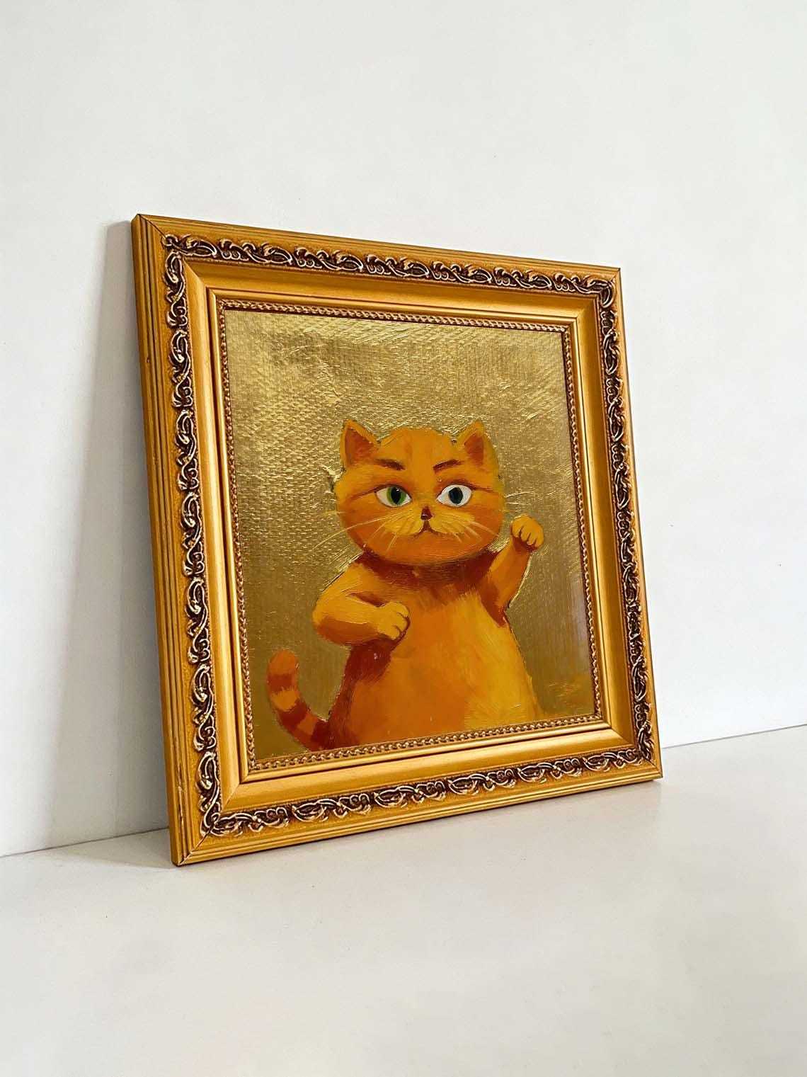 Cute Gallery Wall Art for Cat Lovers,Framed Ginger Cat Oil Painting, Small Gold Leaf Cat Portrait
