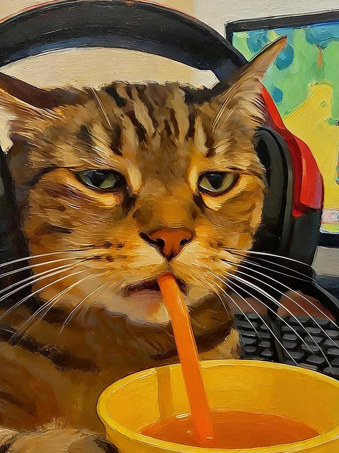 Hand-painted Oil Painting, Cool Cat Art, Framed Wall Decor, Tabby Cat with Headphones Drinking Soda
