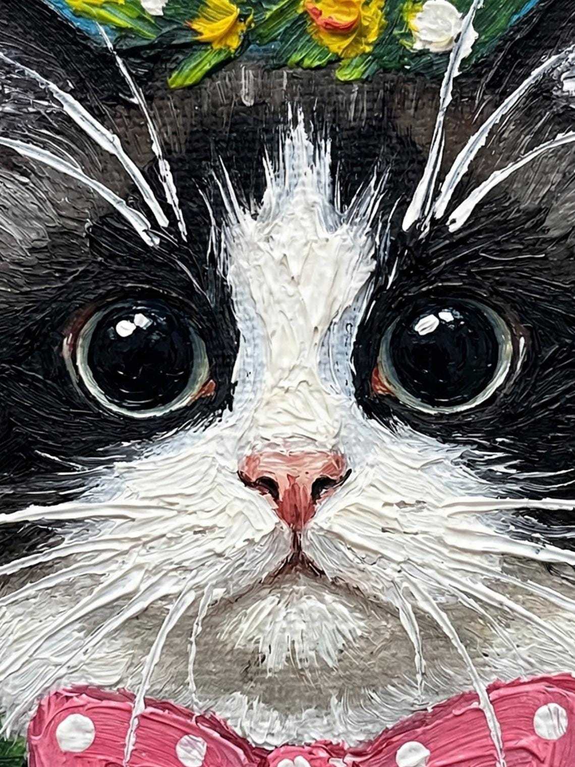 Hand-painted Framed Art, Original Oil Painting, 4x4 inch Canvas Artwork, Christmas Gift, Nursery Wall Art, Cute Kitten with Pink Bow