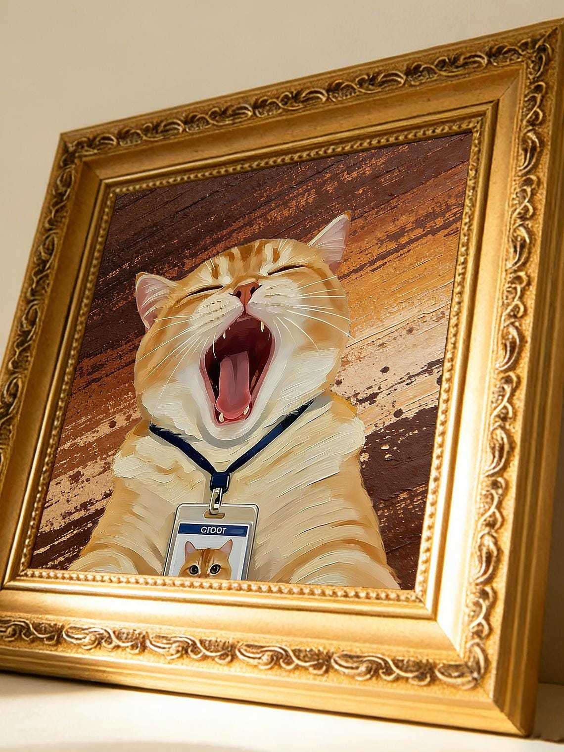 Hand-painted Oil Painting, Cute Cat Art, Framed Wall Decor, Yawning Orange Tabby Cat with ID Badge