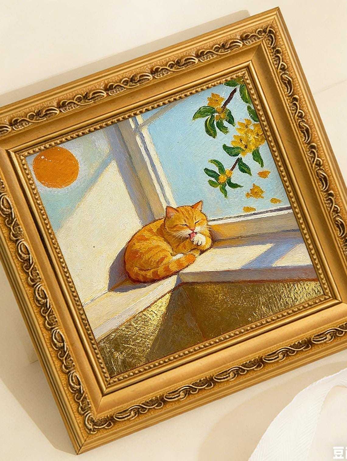 Original Hand Painted Orange Cat Oil Painting, Gold Foil Framed Art, Window Cat Lover Gift, Cozy Wall Decor