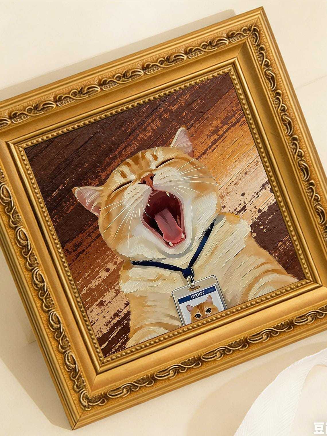 Hand-painted Oil Painting, Cute Cat Art, Framed Wall Decor, Yawning Orange Tabby Cat with ID Badge