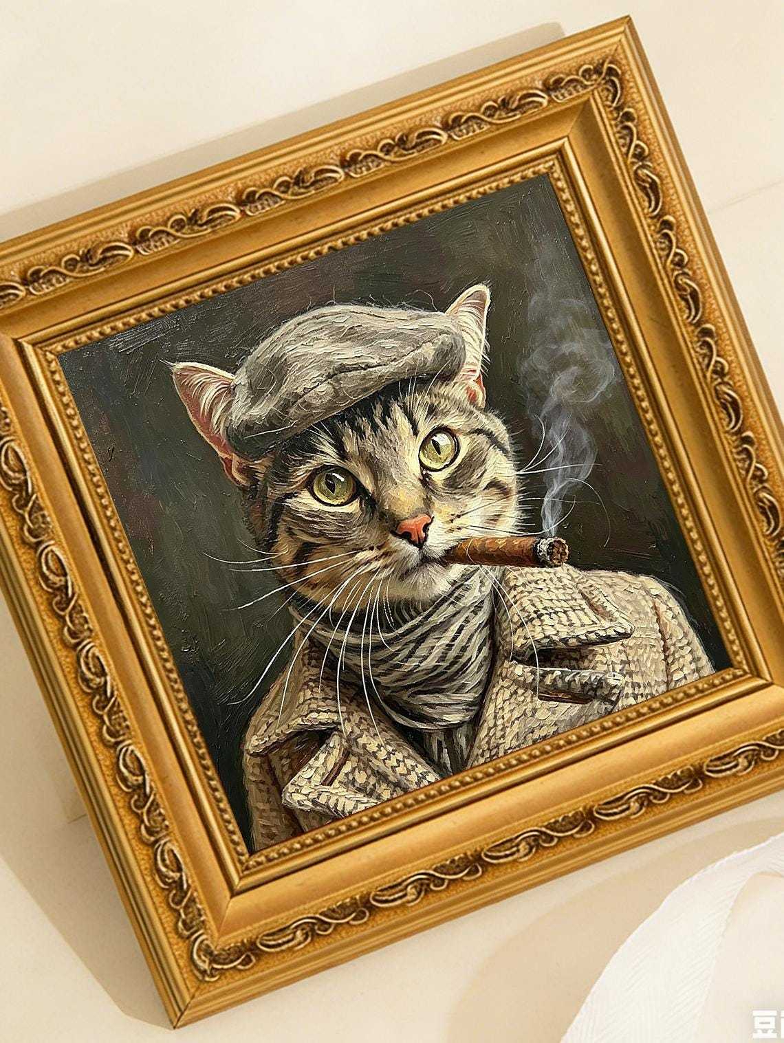 Vintage Gangster Tabby smoking Cat Oil Painting Print, Funny Cat Wall Art, Cat Lover Gift