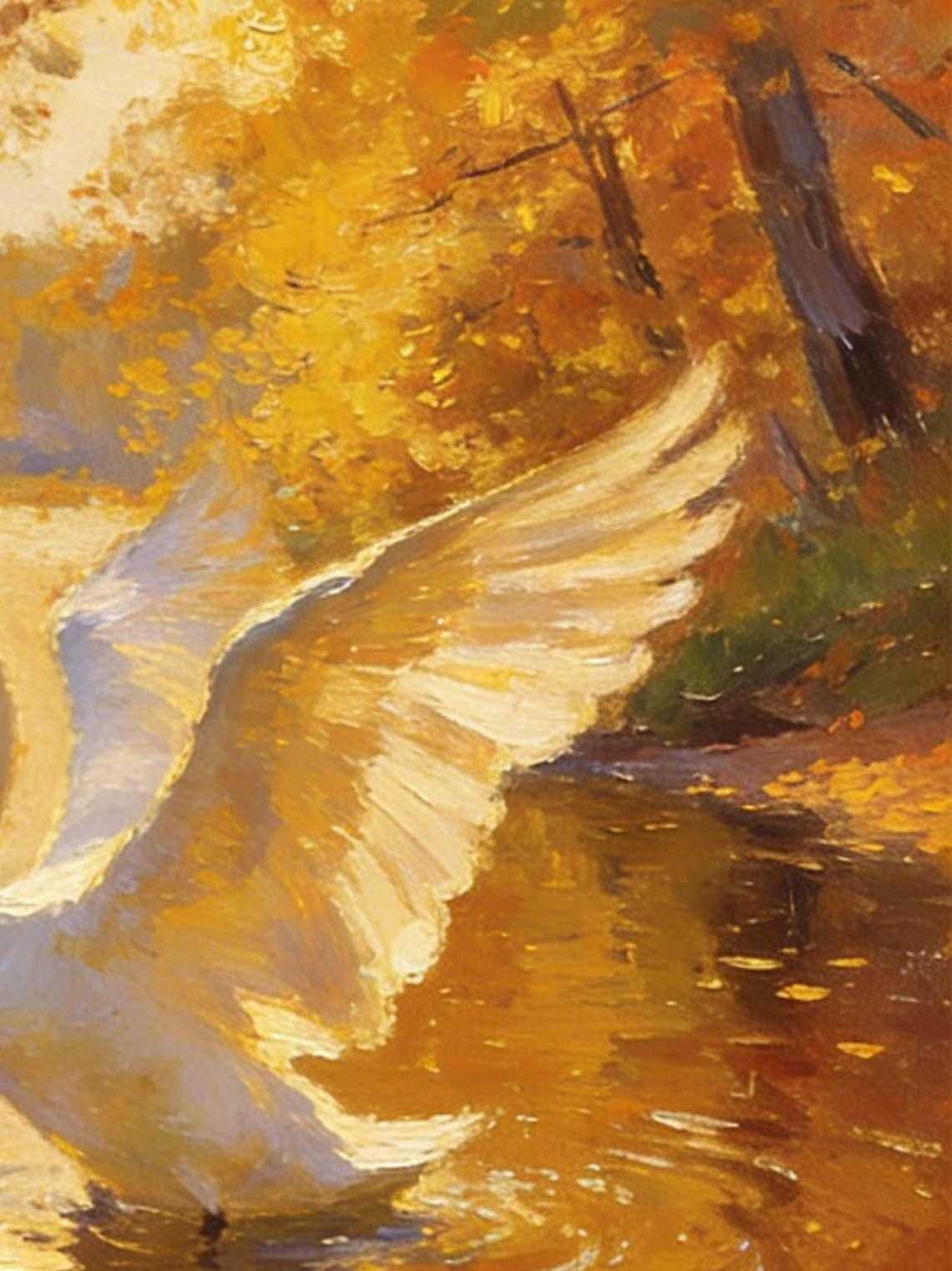 Framed Swan Oil Painting, Autumn Lake Impressionist Wall Art