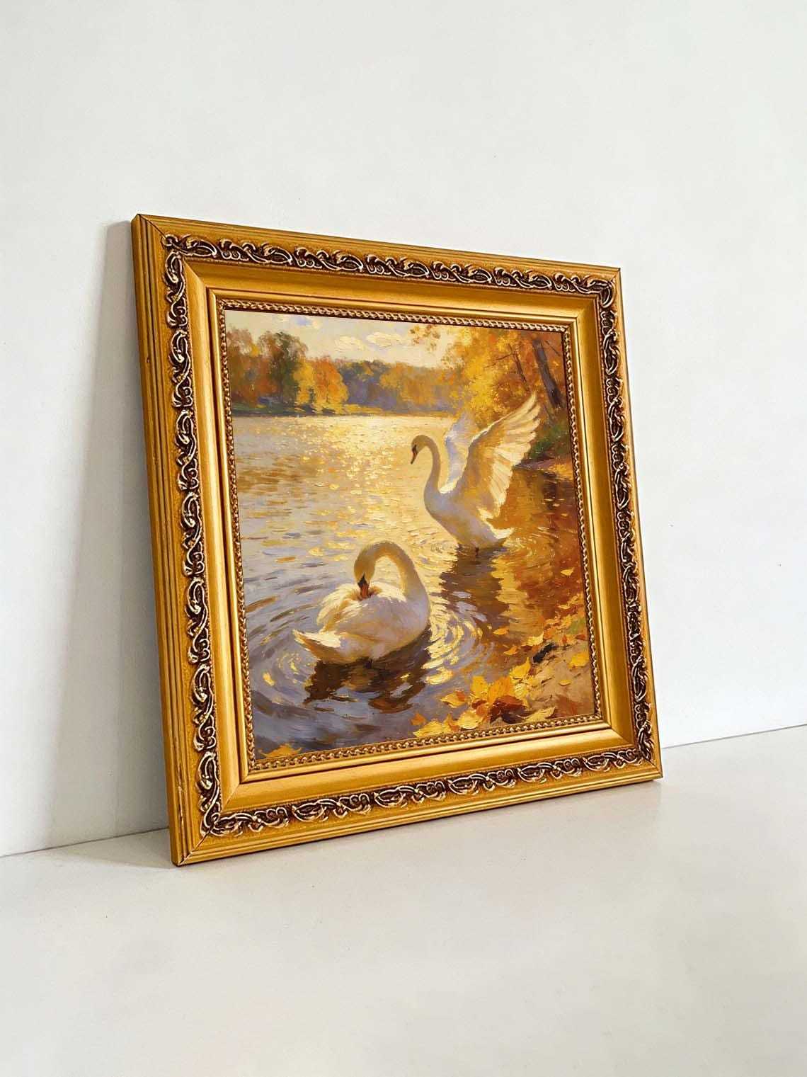 Framed Swan Oil Painting, Autumn Lake Impressionist Wall Art