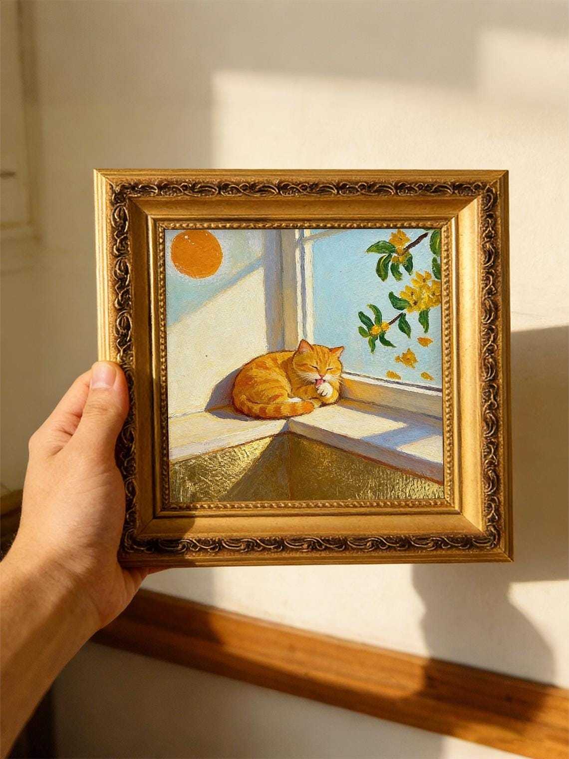 Original Hand Painted Orange Cat Oil Painting, Gold Foil Framed Art, Window Cat Lover Gift, Cozy Wall Decor