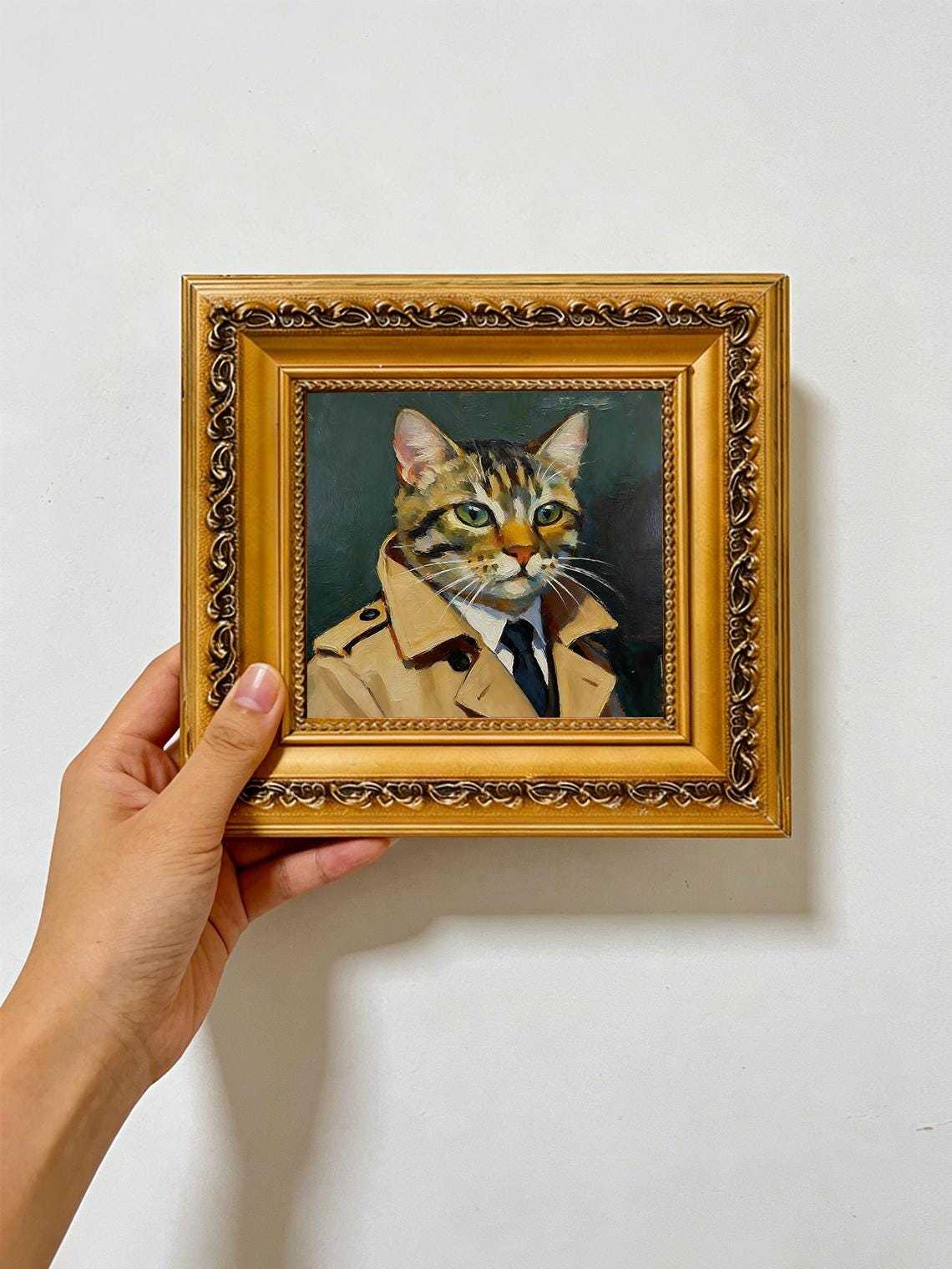 Original Hand Painted Cat in Suit Oil Painting, Gold Framed Art, Cool Cat Lover Gift, Nursery Wall Decor