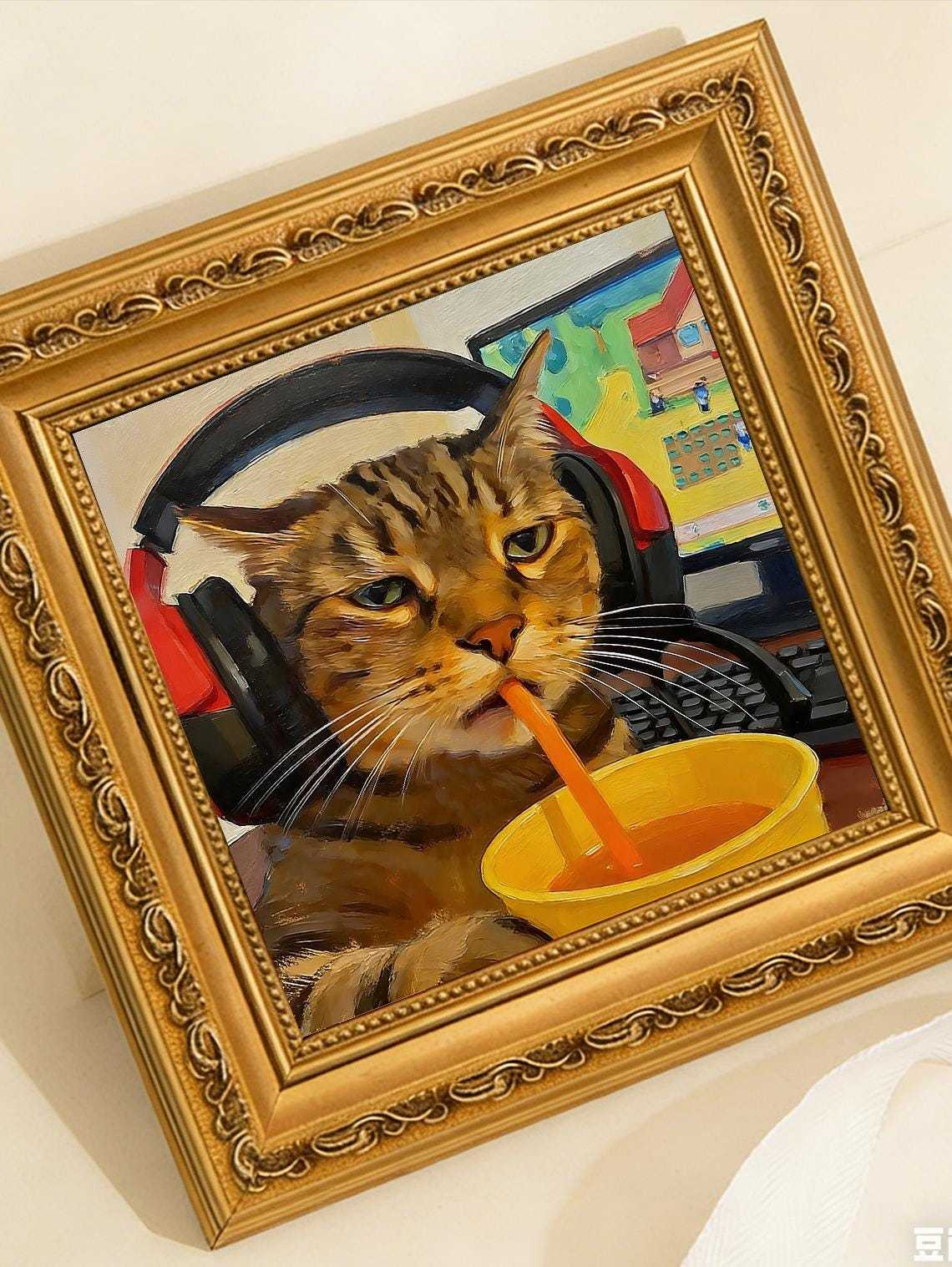 Hand-painted Oil Painting, Cool Cat Art, Framed Wall Decor, Tabby Cat with Headphones Drinking Soda