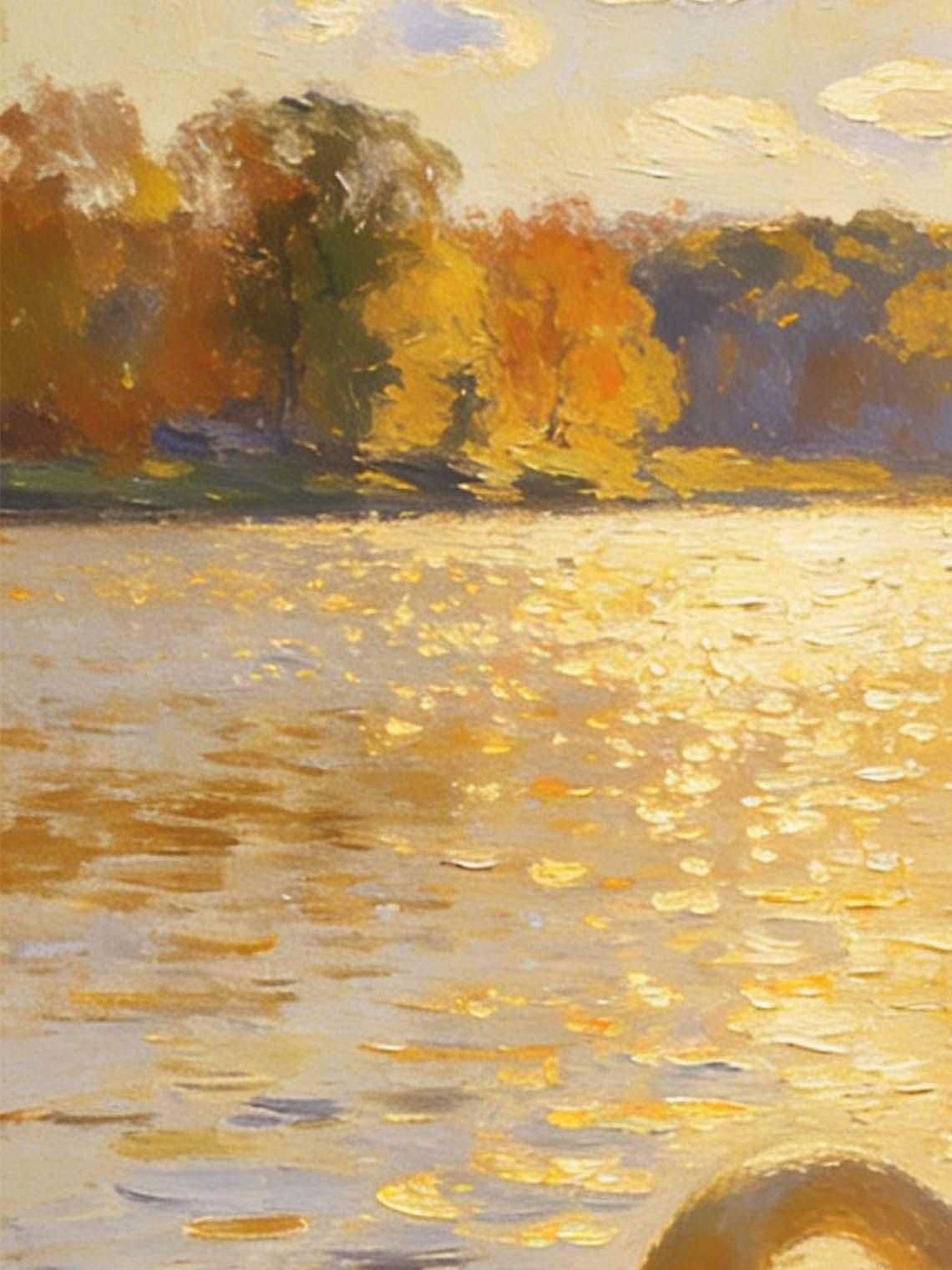 Framed Swan Oil Painting, Autumn Lake Impressionist Wall Art