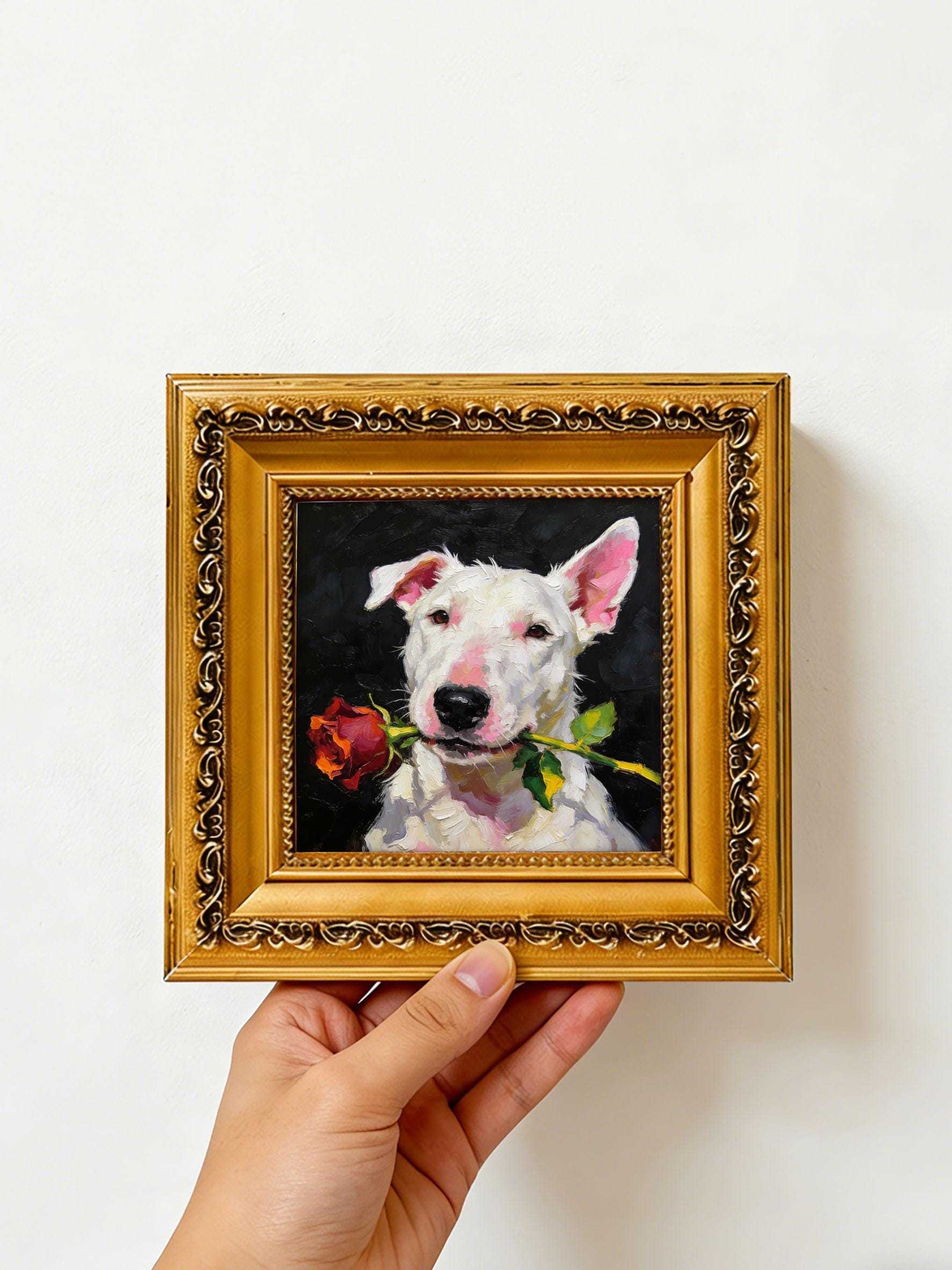 Original Hand-Painted Oil Painting, Bull Terrier with Red Rose, Framed Wall Art