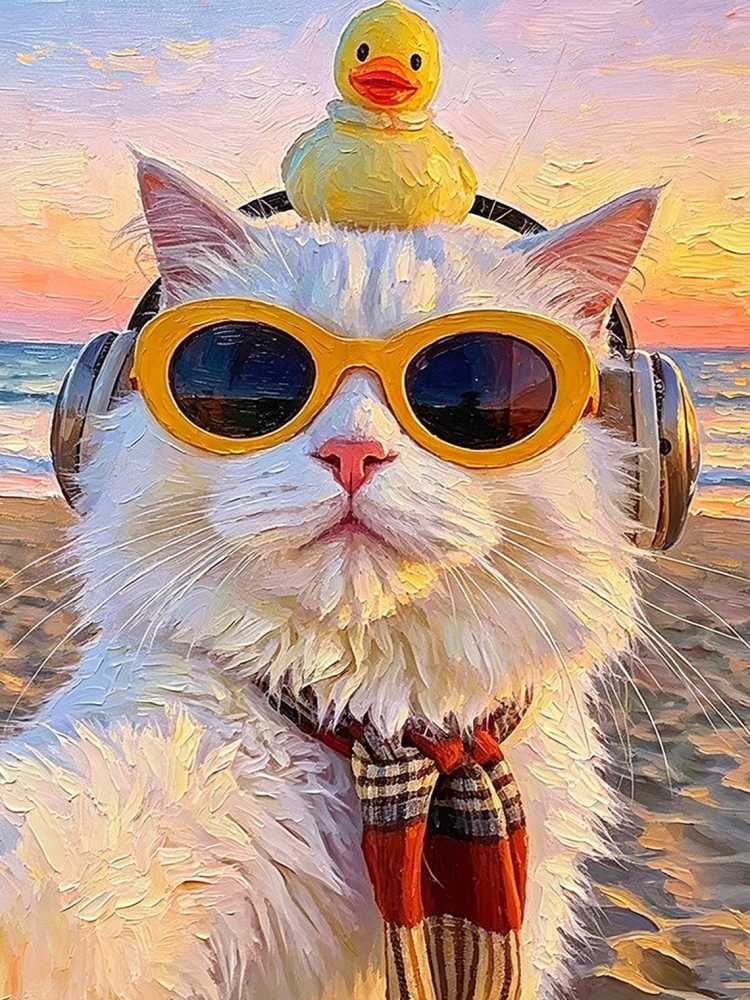 Cool White Fluffy Cat Yellow Sunglasses Headphones Rubber Duck Beach Sunset Oil Painting Funny Wall Print