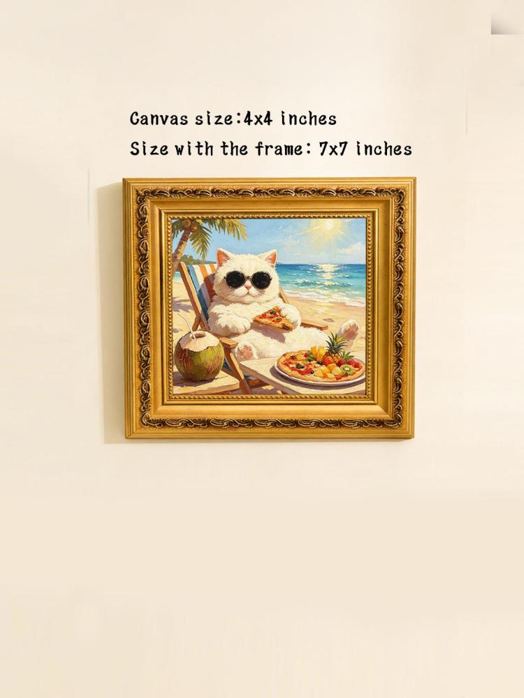 Chubby White Cat Sunglasses Beach Chair Pizza Coconut Tropical Ocean Oil Painting Funny Summer Wall Print